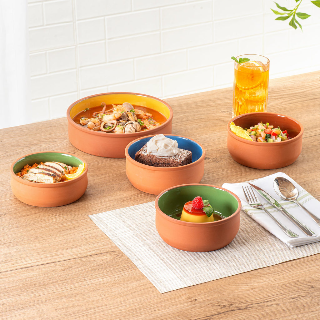 Terra Tek 27 oz Terracotta Cazuela Bowl - Green Glazed Interior, Oven-Safe, Microwave-Safe - 6 1/4'' x 6 1/4'' x 2 1/2'' - 2 count box