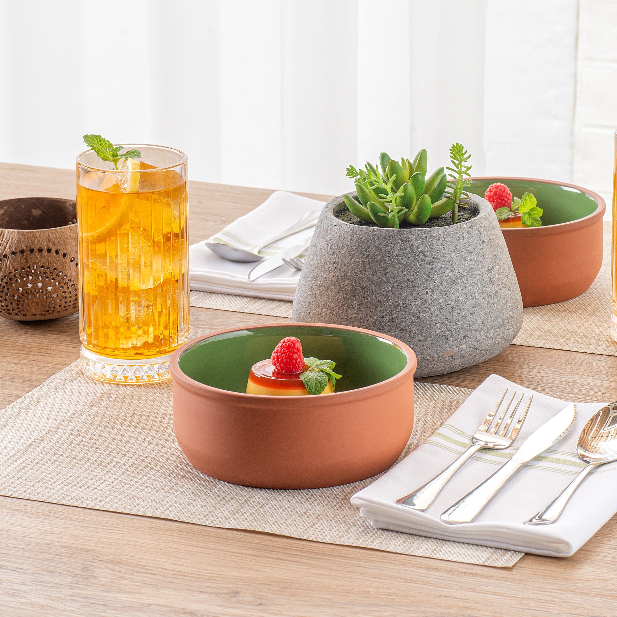 Terra Tek 27 oz Terracotta Cazuela Bowl - Green Glazed Interior, Oven-Safe, Microwave-Safe - 6 1/4'' x 6 1/4'' x 2 1/2'' - 10 count box
