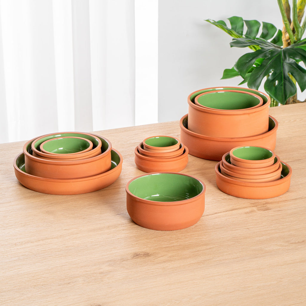 Terra Tek 27 oz Terracotta Cazuela Bowl - Green Glazed Interior, Oven-Safe, Microwave-Safe - 6 1/4'' x 6 1/4'' x 2 1/2'' - 10 count box