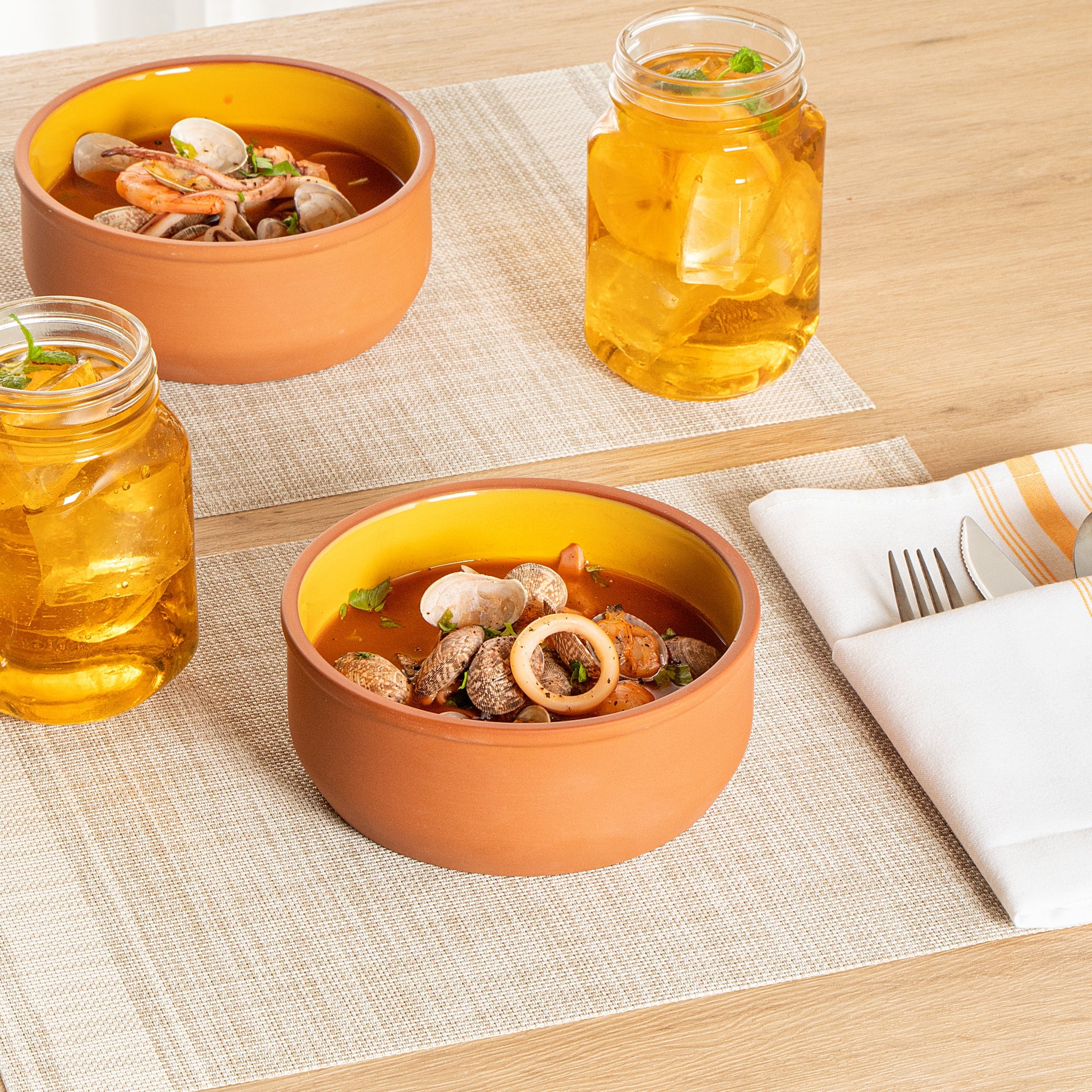 Terra Tek 27 oz Terracotta Cazuela Bowl - Yellow Glazed Interior, Oven-Safe, Microwave-Safe - 6 1/4'' x 6 1/4'' x 2 1/2'' - 10 count box
