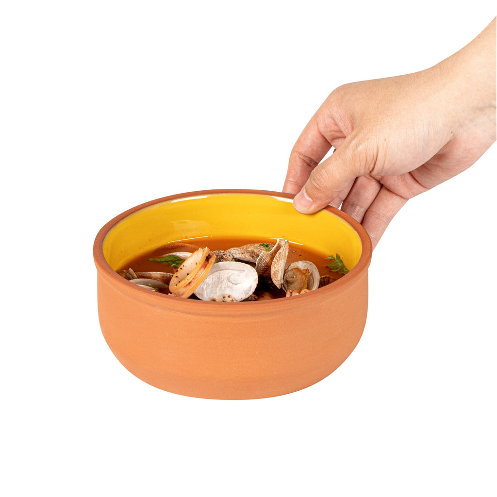 Terra Tek 27 oz Terracotta Cazuela Bowl - Yellow Glazed Interior, Oven-Safe, Microwave-Safe - 6 1/4'' x 6 1/4'' x 2 1/2'' - 10 count box