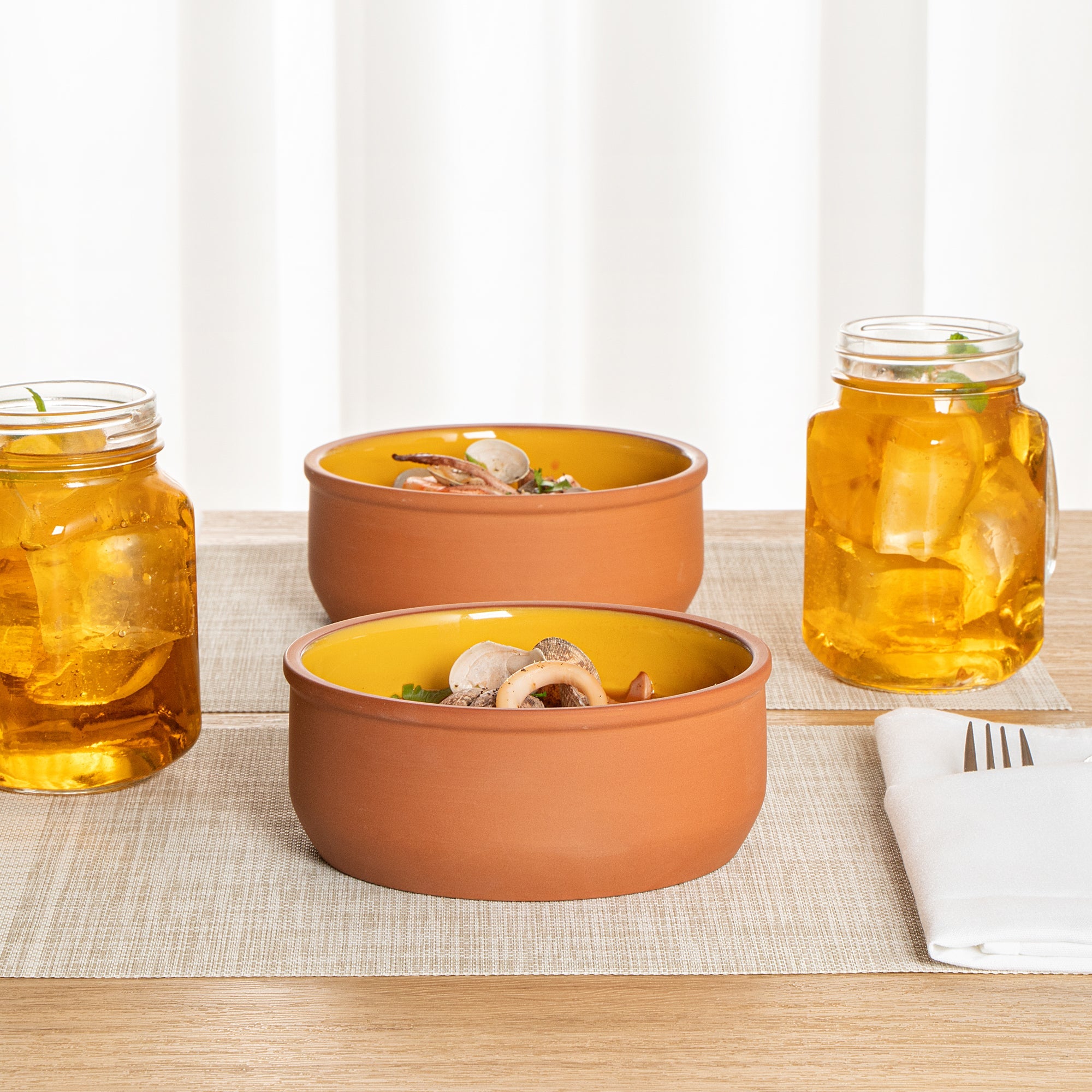 Terra Tek 27 oz Terracotta Cazuela Bowl - Yellow Glazed Interior, Oven-Safe, Microwave-Safe - 6 1/4'' x 6 1/4'' x 2 1/2'' - 10 count box
