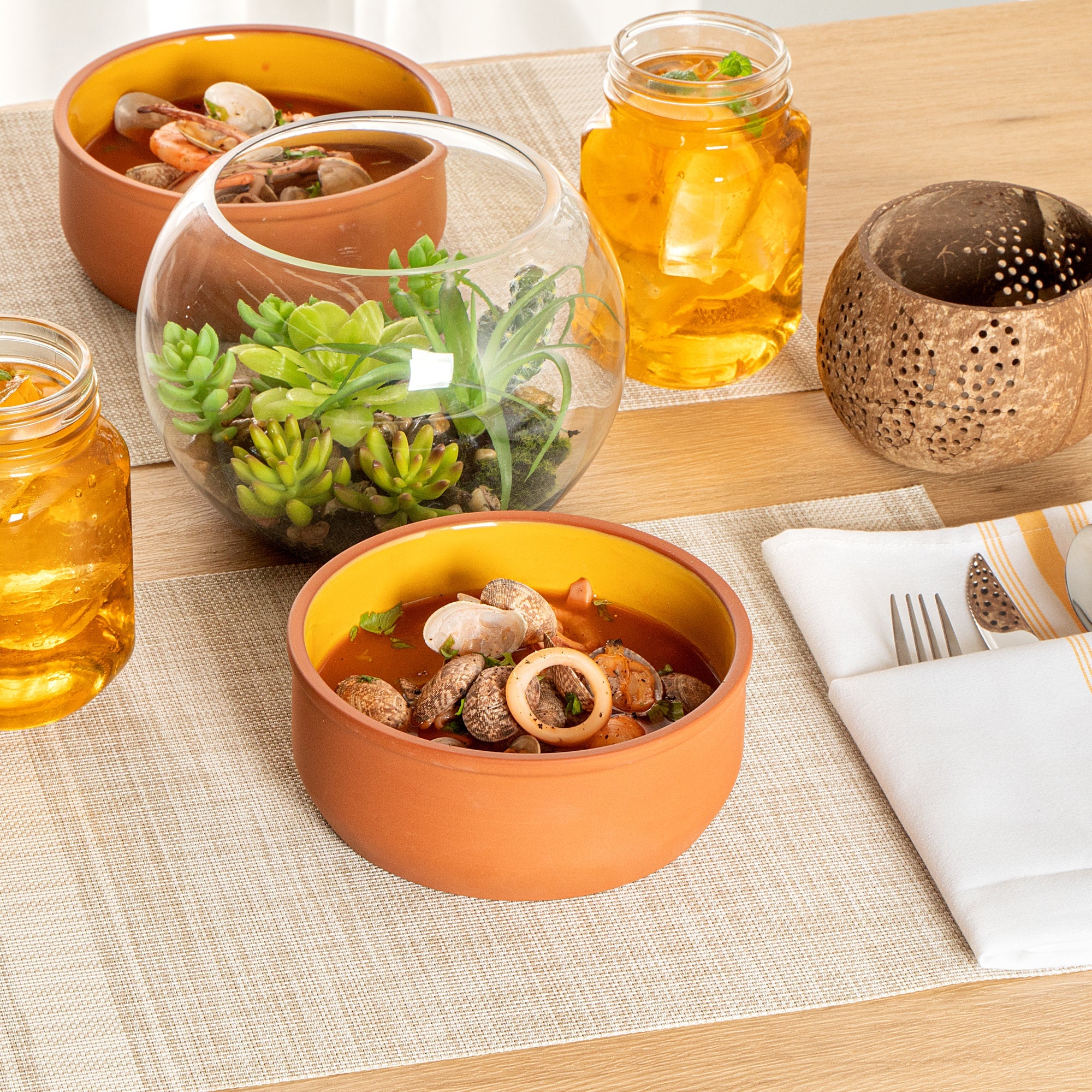 Terra Tek 27 oz Terracotta Cazuela Bowl - Yellow Glazed Interior, Oven-Safe, Microwave-Safe - 6 1/4'' x 6 1/4'' x 2 1/2'' - 10 count box