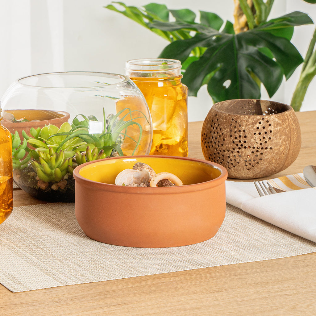 Terra Tek 27 oz Terracotta Cazuela Bowl - Yellow Glazed Interior, Oven-Safe, Microwave-Safe - 6 1/4'' x 6 1/4'' x 2 1/2'' - 10 count box