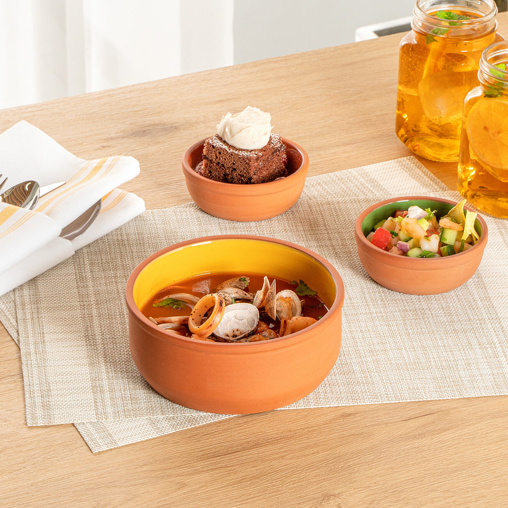Terra Tek 27 oz Terracotta Cazuela Bowl - Yellow Glazed Interior, Oven-Safe, Microwave-Safe - 6 1/4'' x 6 1/4'' x 2 1/2'' - 10 count box