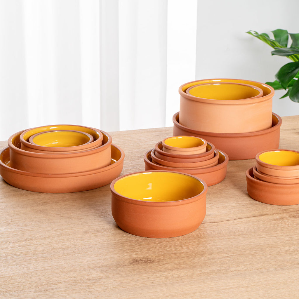 Terra Tek 27 oz Terracotta Cazuela Bowl - Yellow Glazed Interior, Oven-Safe, Microwave-Safe - 6 1/4'' x 6 1/4'' x 2 1/2'' - 10 count box