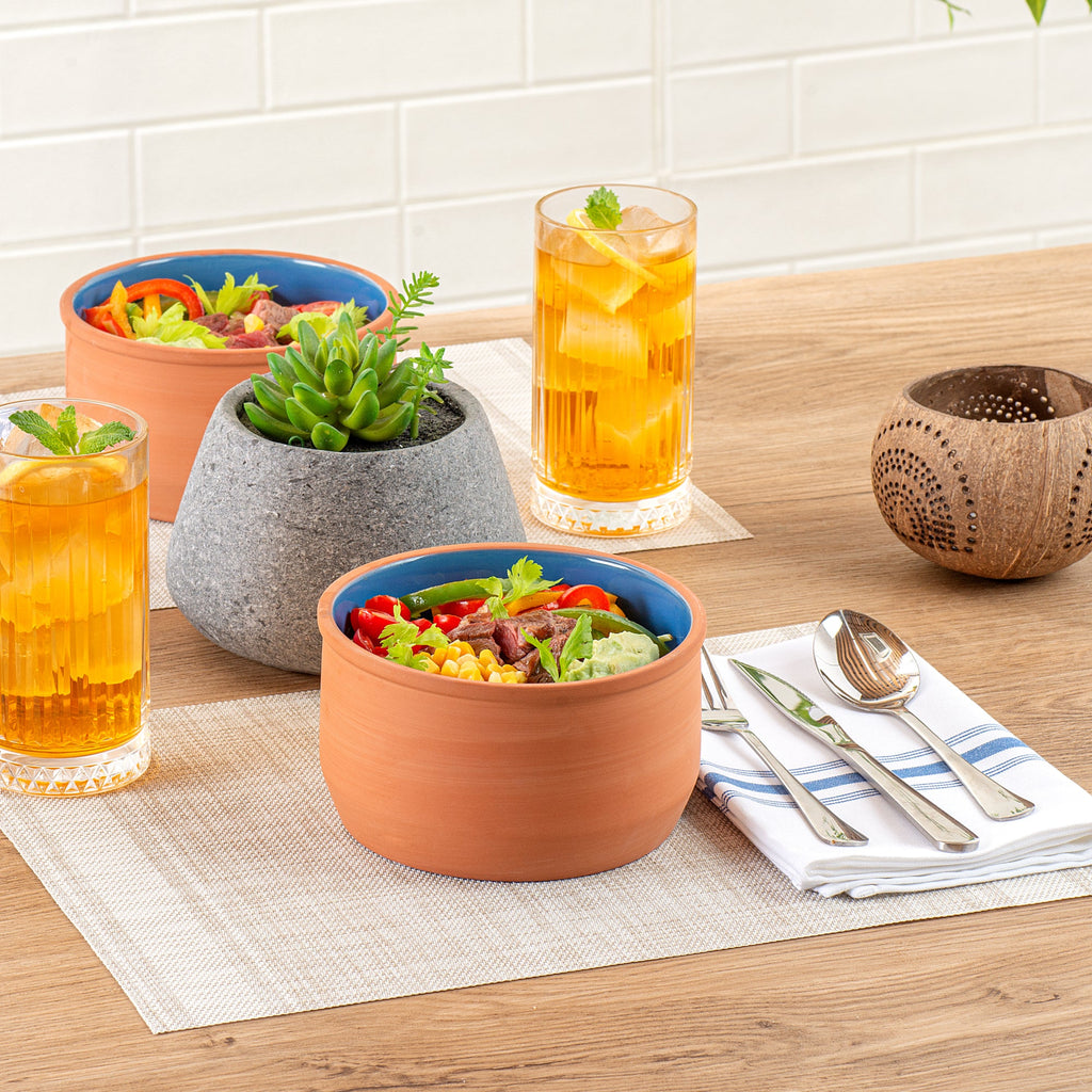 Terra Tek 34 oz Terracotta Cazuela Bowl - Blue Glazed Interior, Oven-Safe, Microwave-Safe - 6 1/4" x 6 1/4" x 3 1/2" - 2 count box