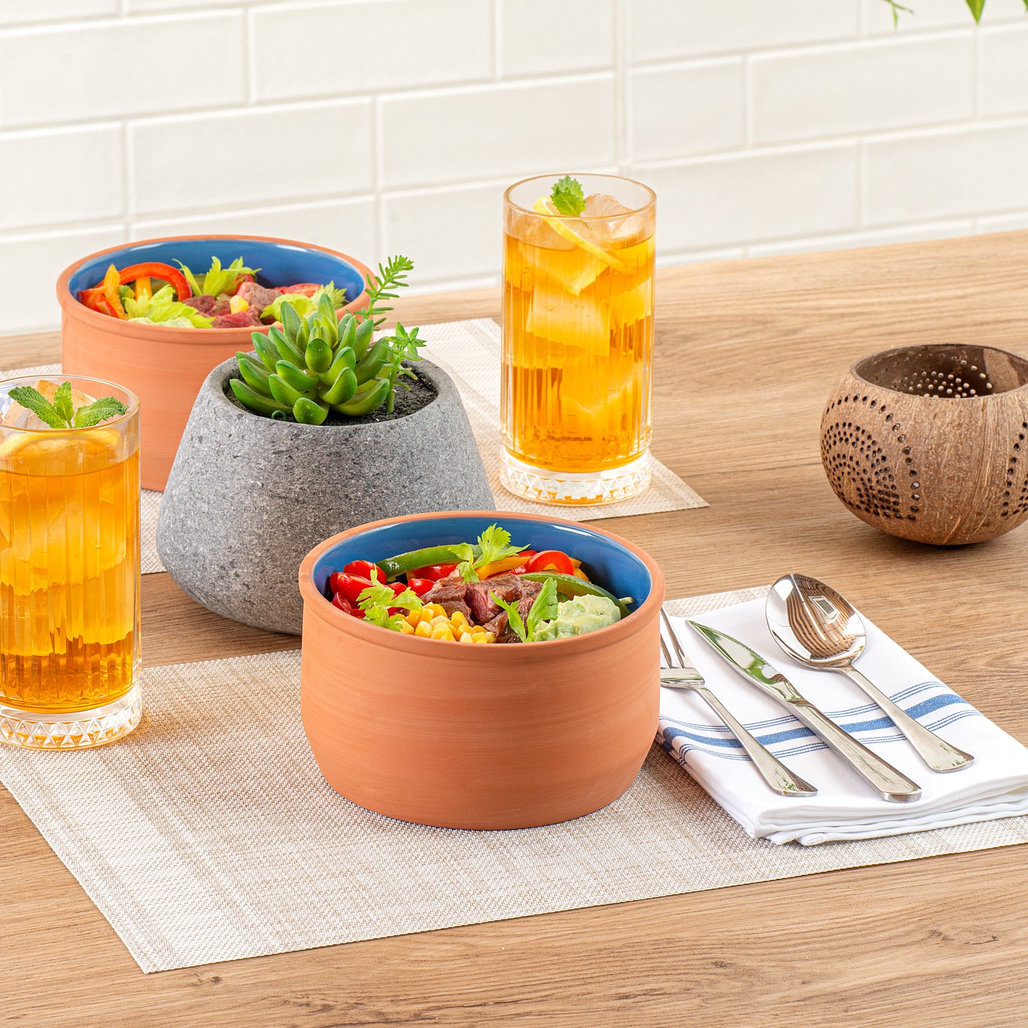 Terra Tek 34 oz Terracotta Cazuela Bowl - Blue Glazed Interior, Oven-Safe, Microwave-Safe - 6 1/4" x 6 1/4" x 3 1/2" - 2 count box