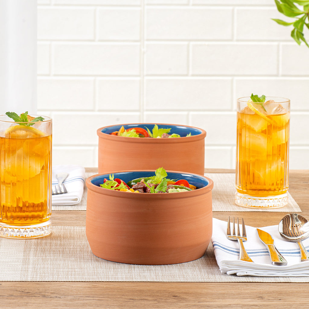 Terra Tek 34 oz Terracotta Cazuela Bowl - Blue Glazed Interior, Oven-Safe, Microwave-Safe - 6 1/4" x 6 1/4" x 3 1/2" - 2 count box