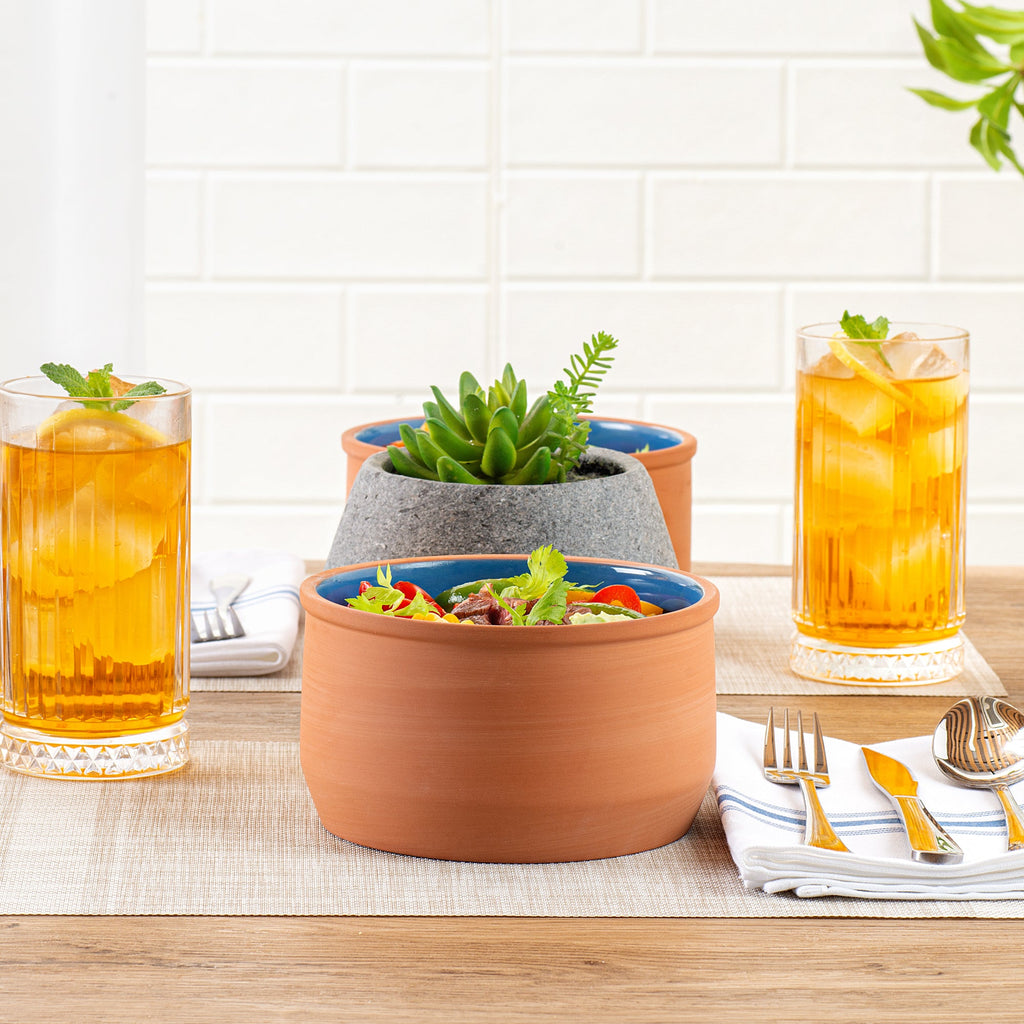 Terra Tek 34 oz Terracotta Cazuela Bowl - Blue Glazed Interior, Oven-Safe, Microwave-Safe - 6 1/4" x 6 1/4" x 3 1/2" - 2 count box