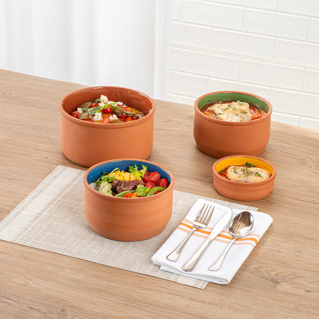 Terra Tek 34 oz Terracotta Cazuela Bowl - Blue Glazed Interior, Oven-Safe, Microwave-Safe - 6 1/4" x 6 1/4" x 3 1/2" - 2 count box
