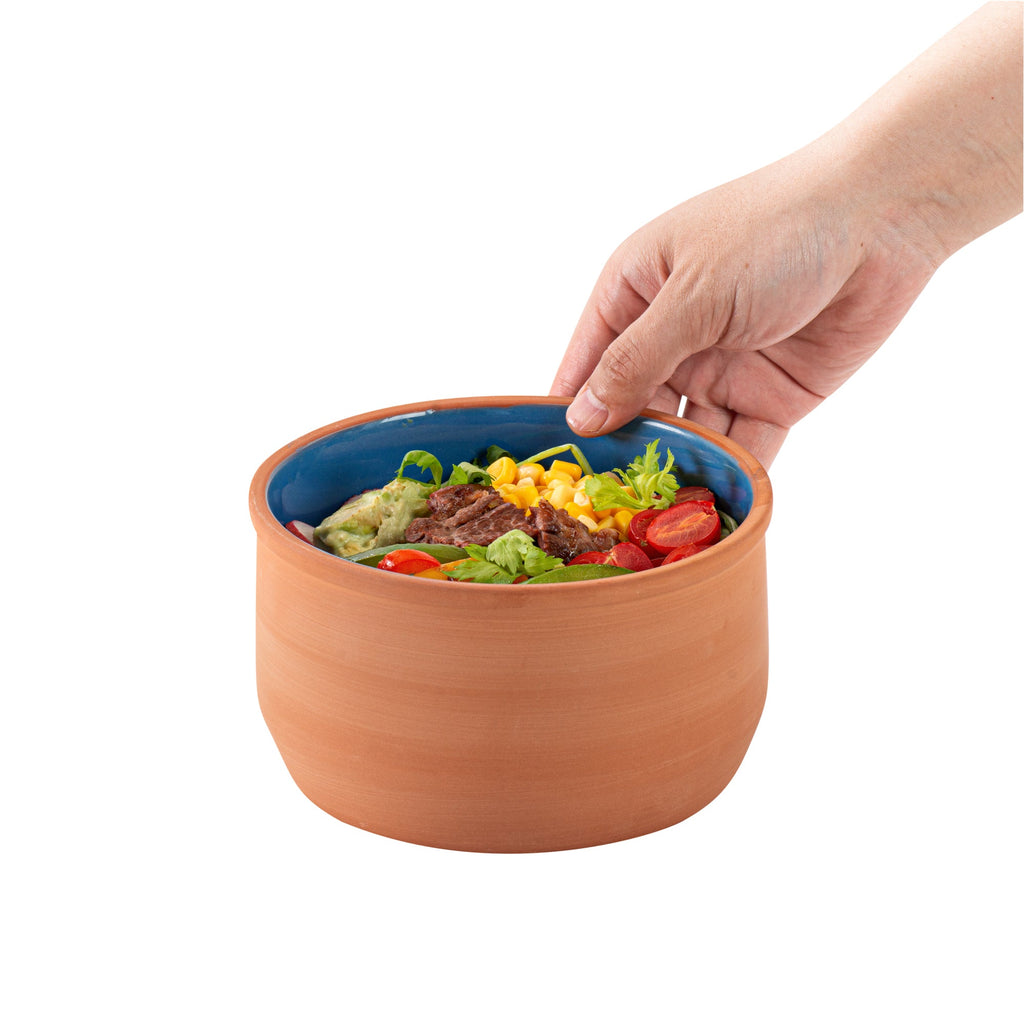 Terra Tek 34 oz Terracotta Cazuela Bowl - Blue Glazed Interior, Oven-Safe, Microwave-Safe - 6 1/4" x 6 1/4" x 3 1/2" - 10 count box