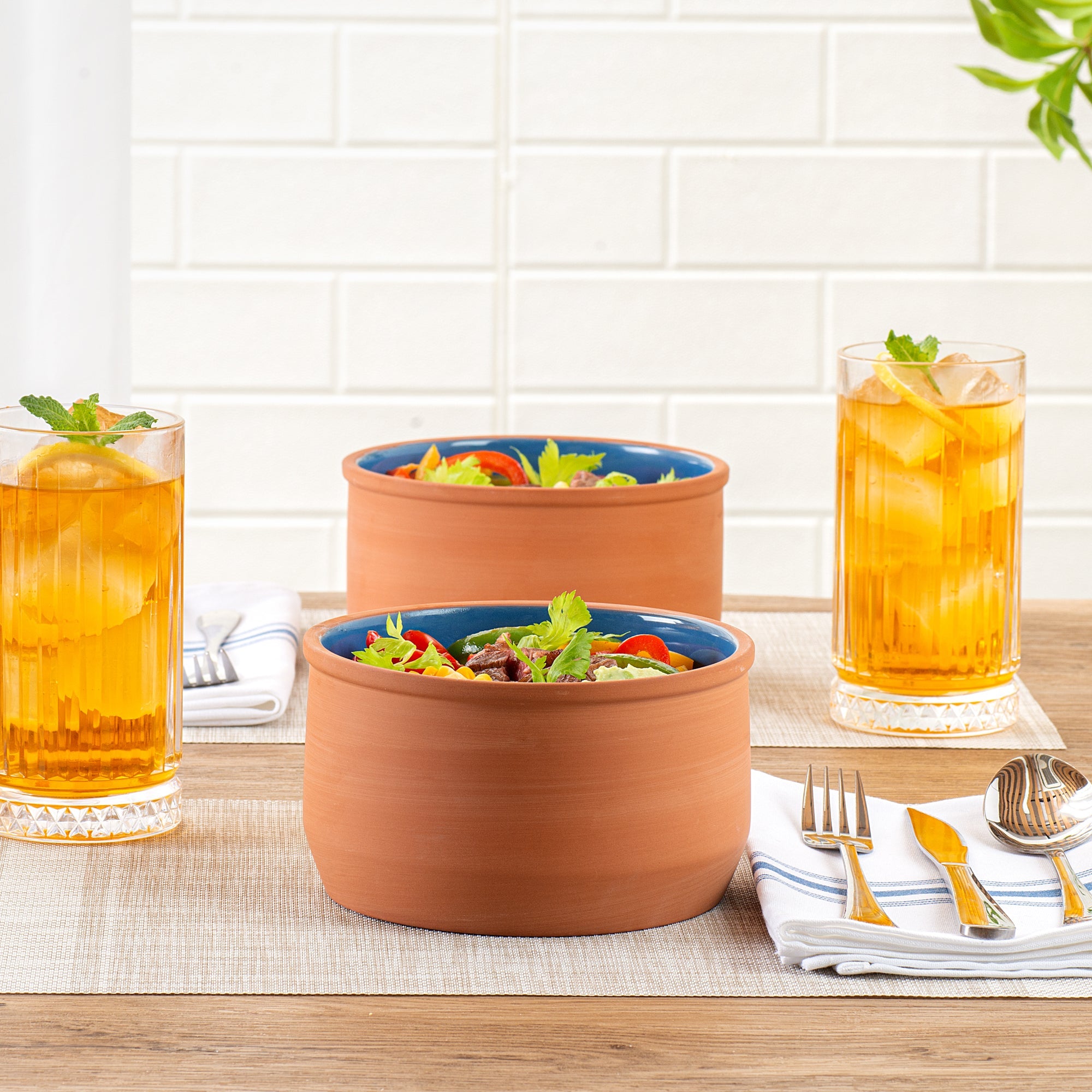 Terra Tek 34 oz Terracotta Cazuela Bowl - Blue Glazed Interior, Oven-Safe, Microwave-Safe - 6 1/4" x 6 1/4" x 3 1/2" - 10 count box