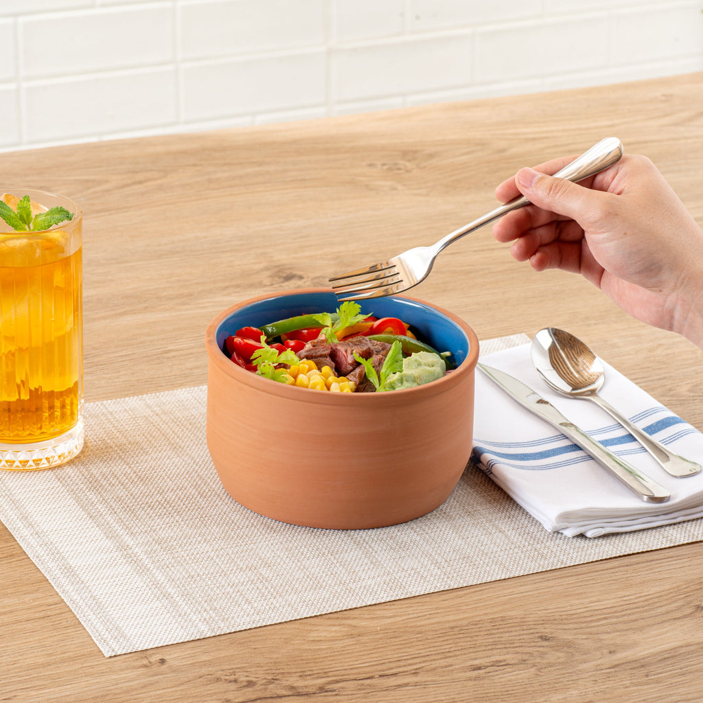 Terra Tek 34 oz Terracotta Cazuela Bowl - Blue Glazed Interior, Oven-Safe, Microwave-Safe - 6 1/4" x 6 1/4" x 3 1/2" - 10 count box