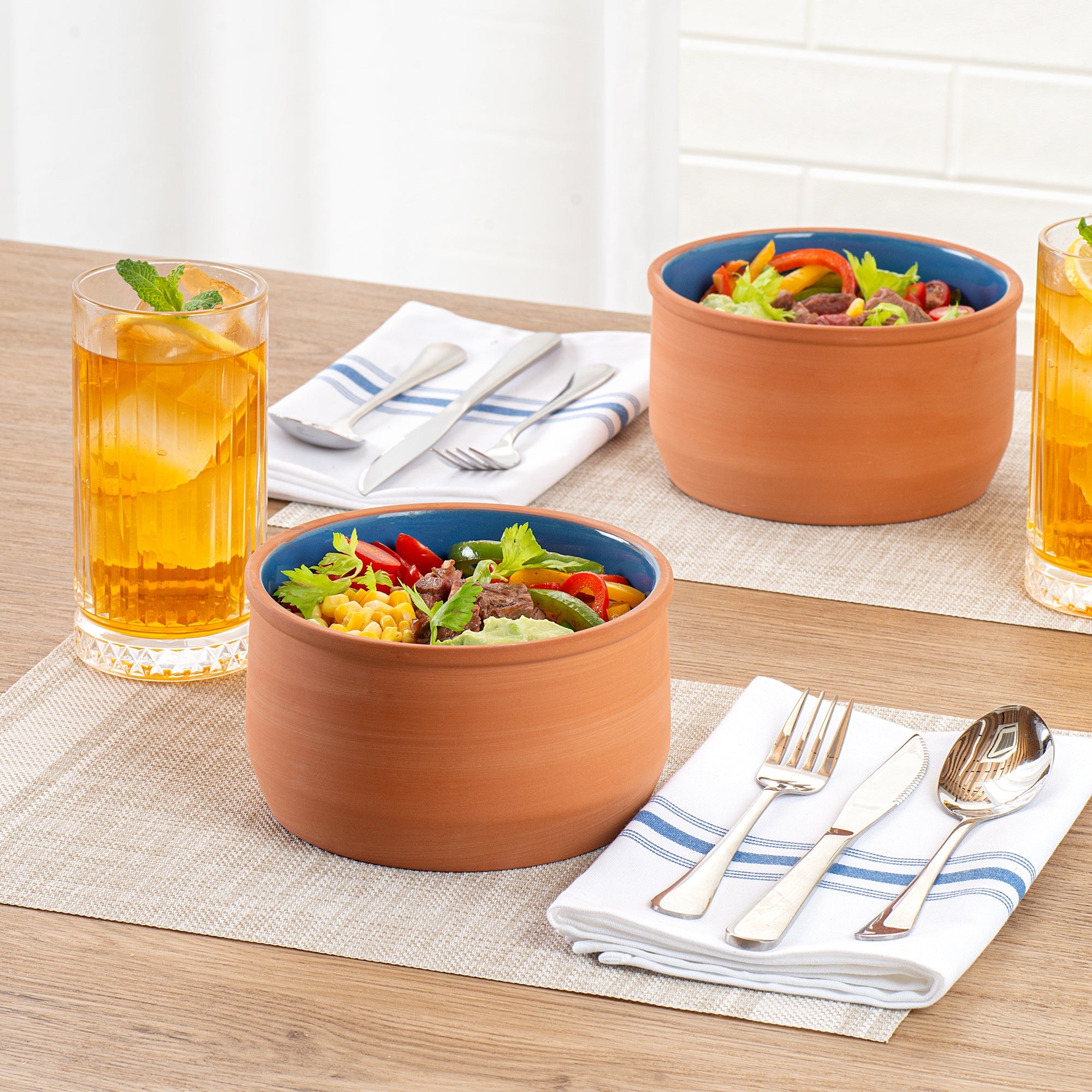 Terra Tek 34 oz Terracotta Cazuela Bowl - Blue Glazed Interior, Oven-Safe, Microwave-Safe - 6 1/4" x 6 1/4" x 3 1/2" - 10 count box