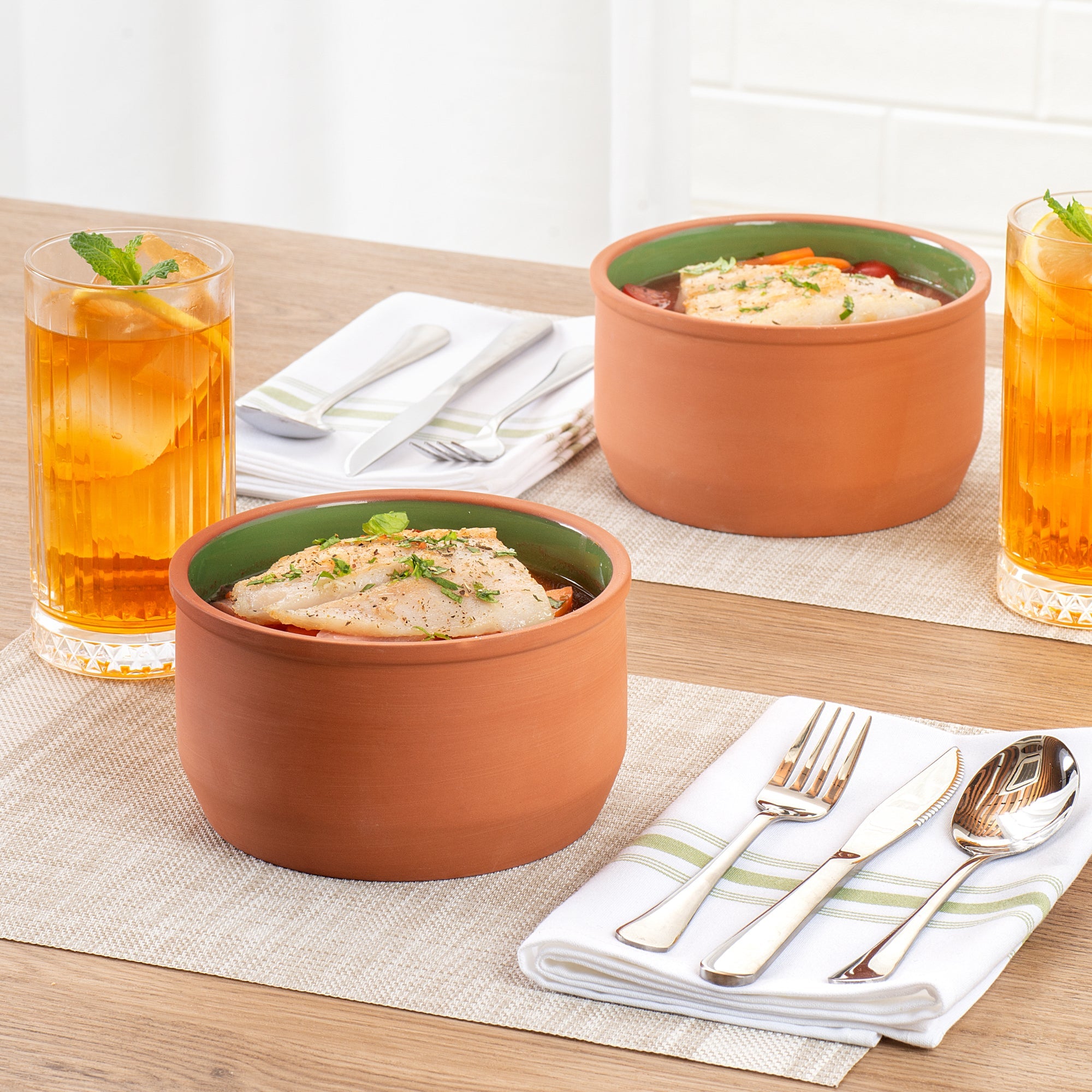 Terra Tek 34 oz Terracotta Cazuela Bowl - Green Glazed Interior, Oven-Safe, Microwave-Safe - 6 1/4" x 6 1/4" x 3 1/2" - 2 count box