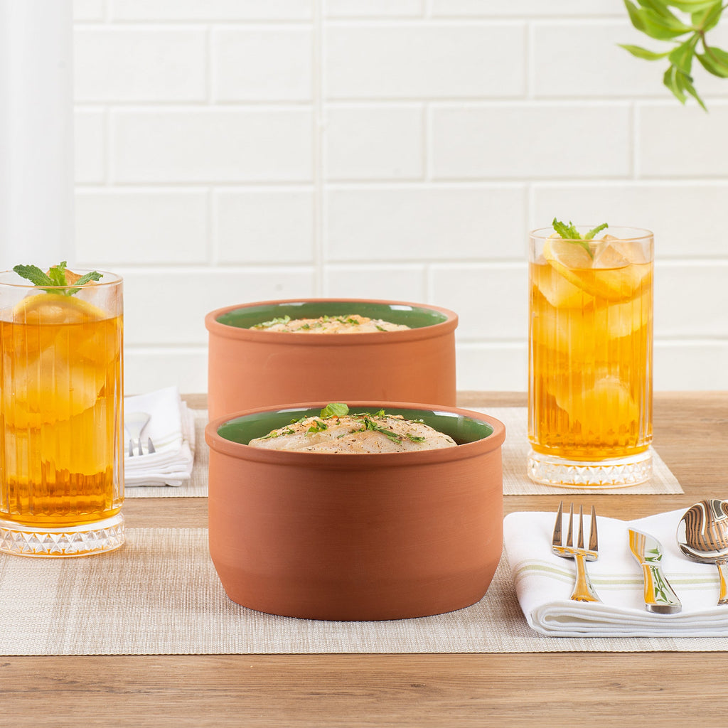 Terra Tek 34 oz Terracotta Cazuela Bowl - Green Glazed Interior, Oven-Safe, Microwave-Safe - 6 1/4" x 6 1/4" x 3 1/2" - 2 count box