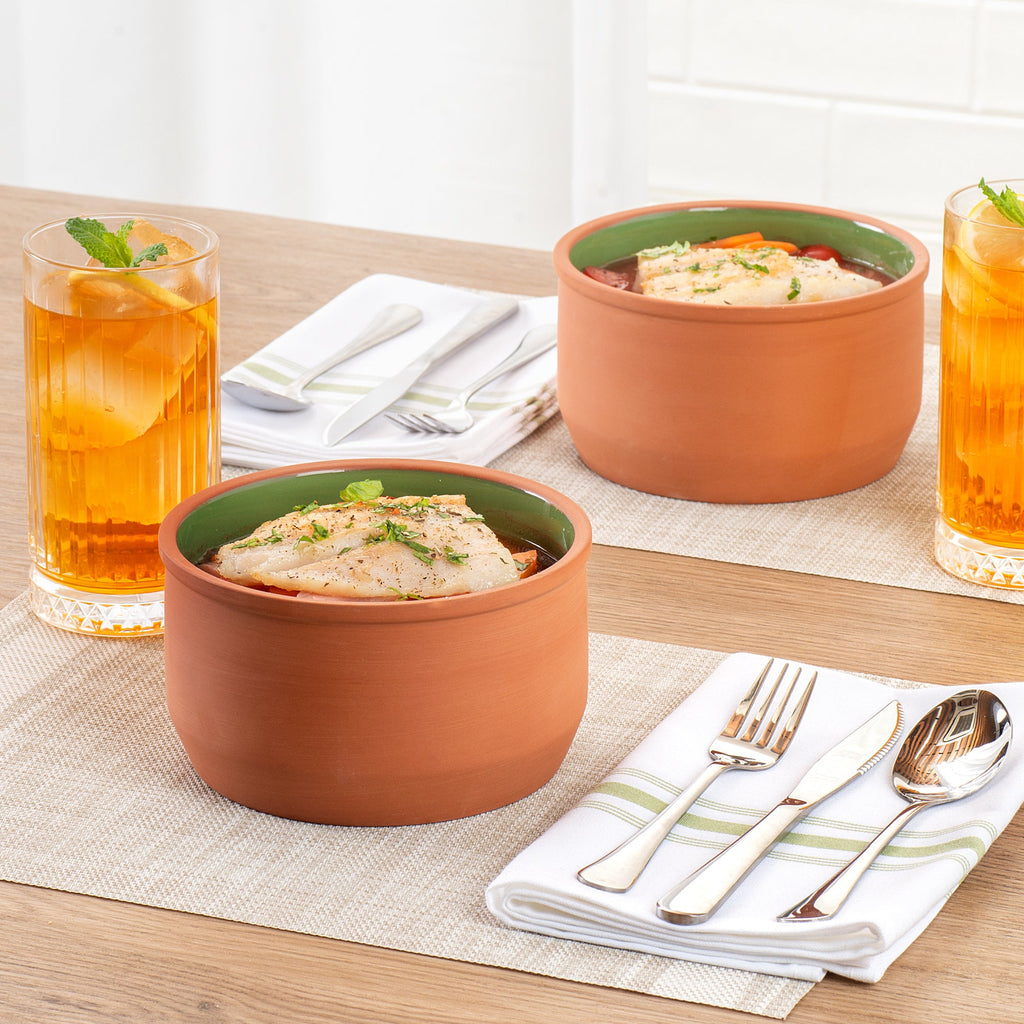 Terra Tek 34 oz Terracotta Cazuela Bowl - Green Glazed Interior, Oven-Safe, Microwave-Safe - 6 1/4" x 6 1/4" x 3 1/2" - 10 count box