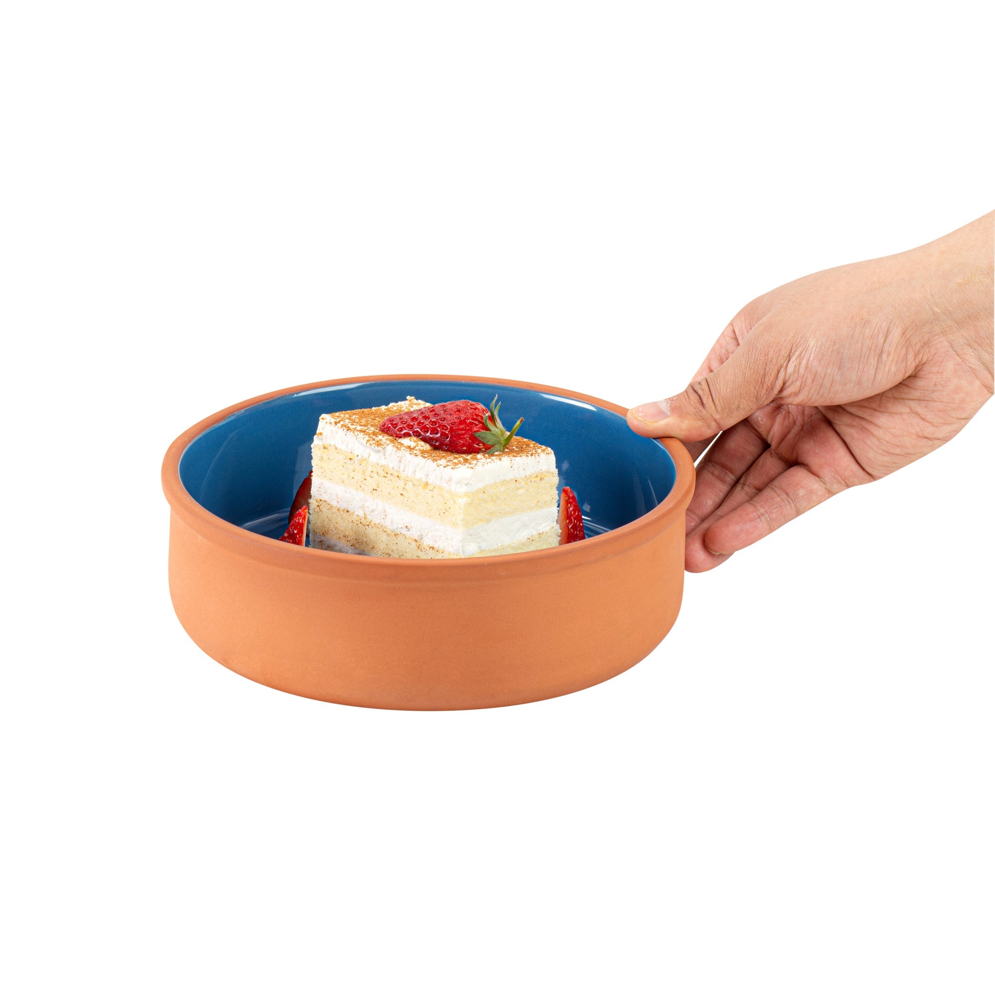 Terra Tek 34 oz Terracotta Cazuela Bowl - Blue Glazed Interior, Oven-Safe, Microwave-Safe - 7 1/2'' x 7 1/2'' x 2 1/4'' - 2 count box