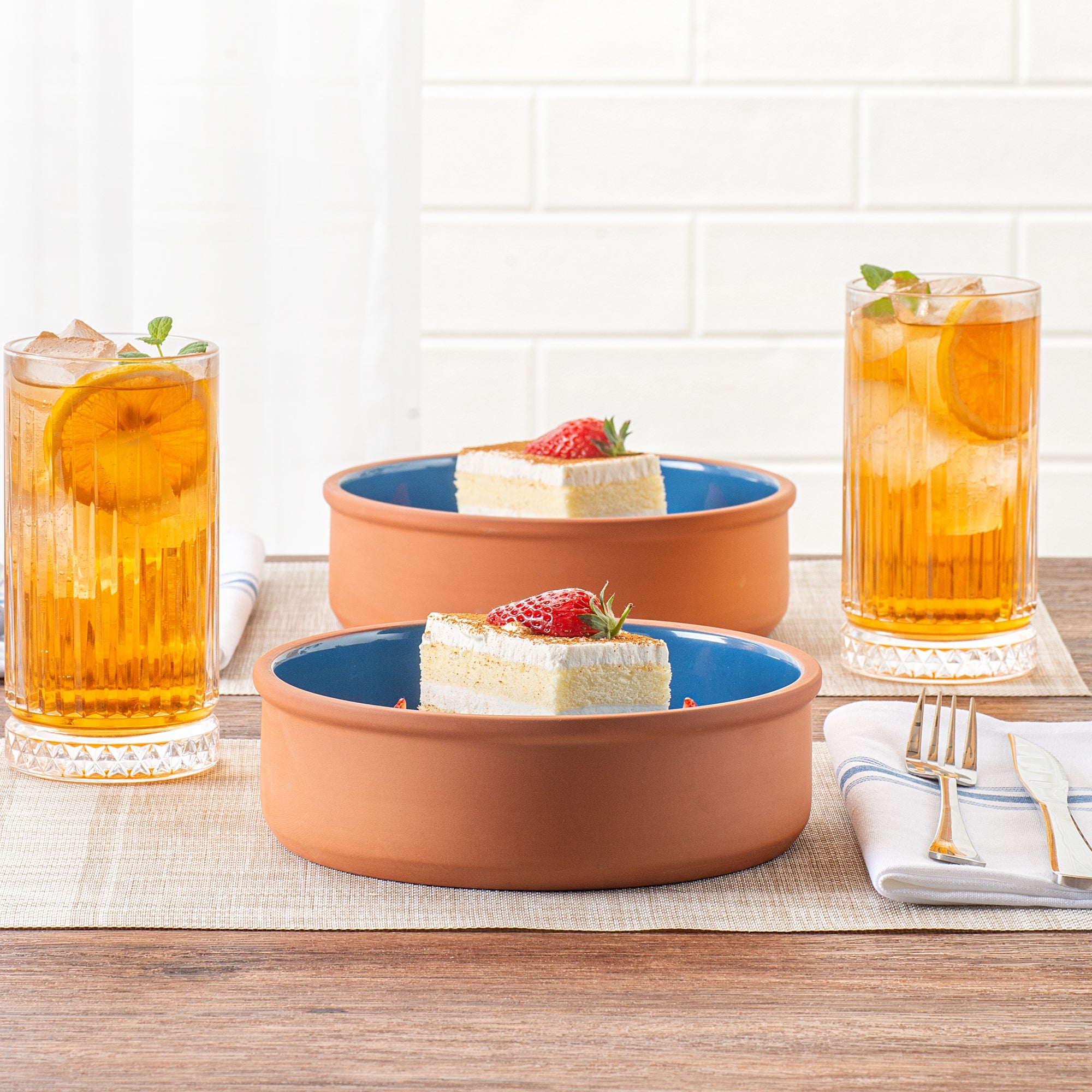 Terra Tek 34 oz Terracotta Cazuela Bowl - Blue Glazed Interior, Oven-Safe, Microwave-Safe - 7 1/2'' x 7 1/2'' x 2 1/4'' - 2 count box