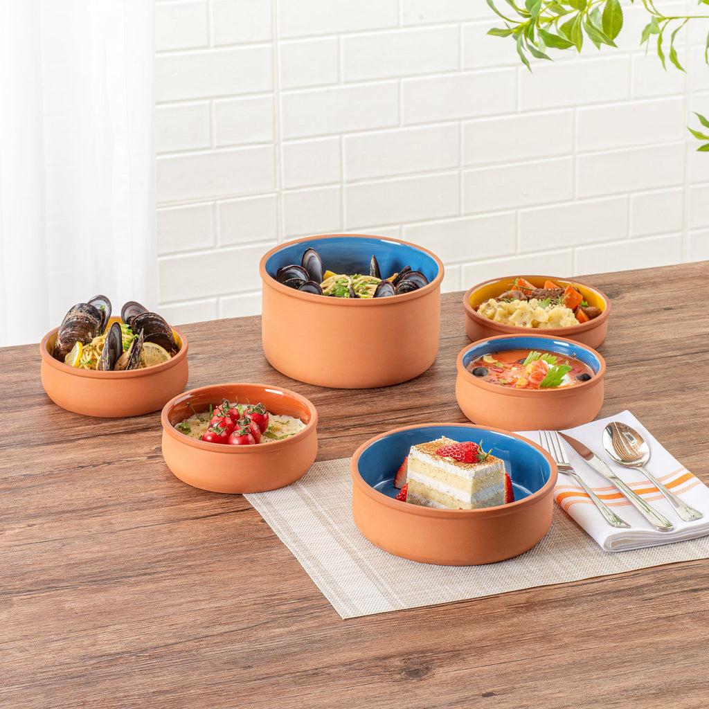 Terra Tek 34 oz Terracotta Cazuela Bowl - Blue Glazed Interior, Oven-Safe, Microwave-Safe - 7 1/2'' x 7 1/2'' x 2 1/4'' - 10 count box