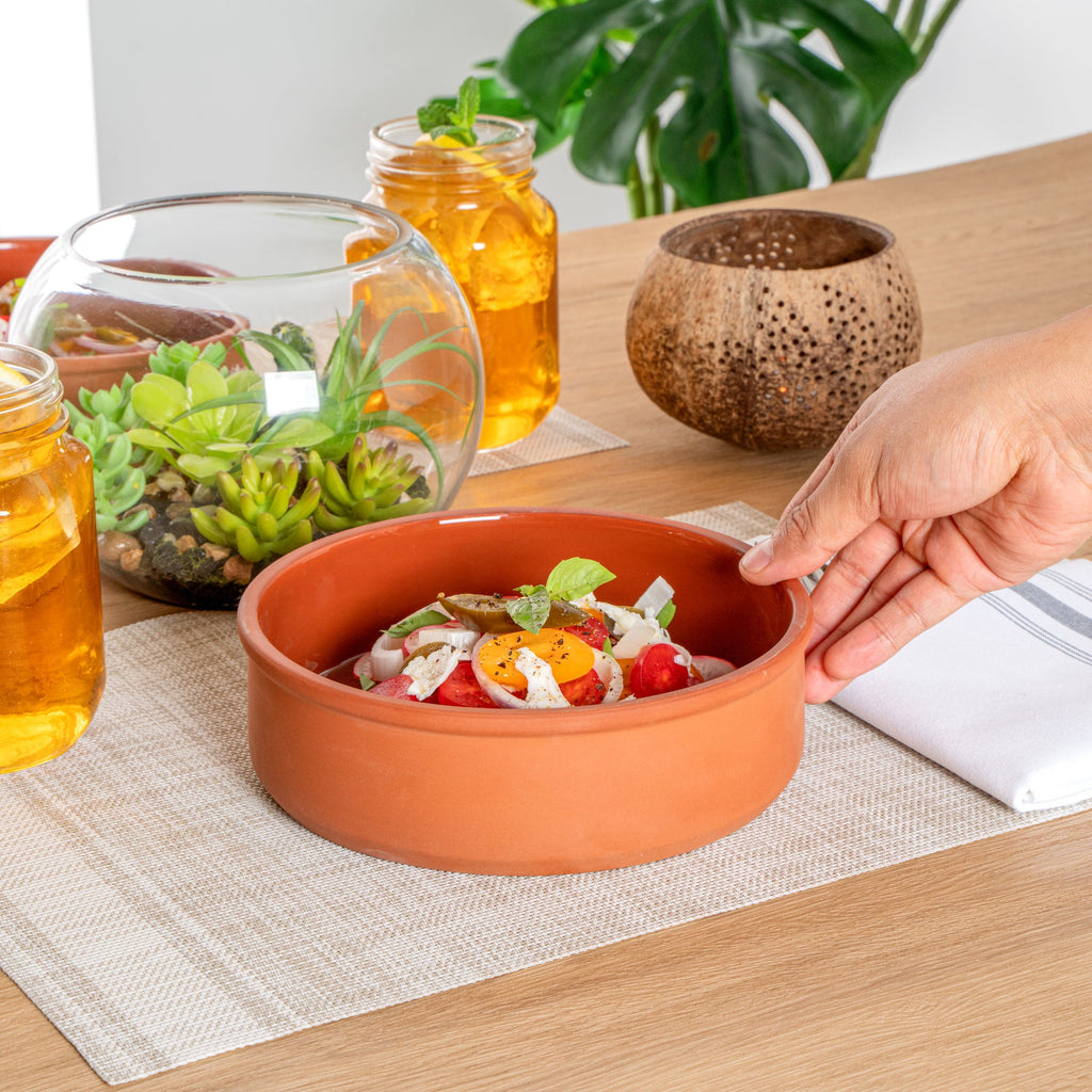 Terra Tek 34 oz Terracotta Cazuela Bowl - Brown Glazed Interior, Oven-Safe, Microwave-Safe - 7 1/2'' x 7 1/2'' x 2 1/4'' - 2 count box