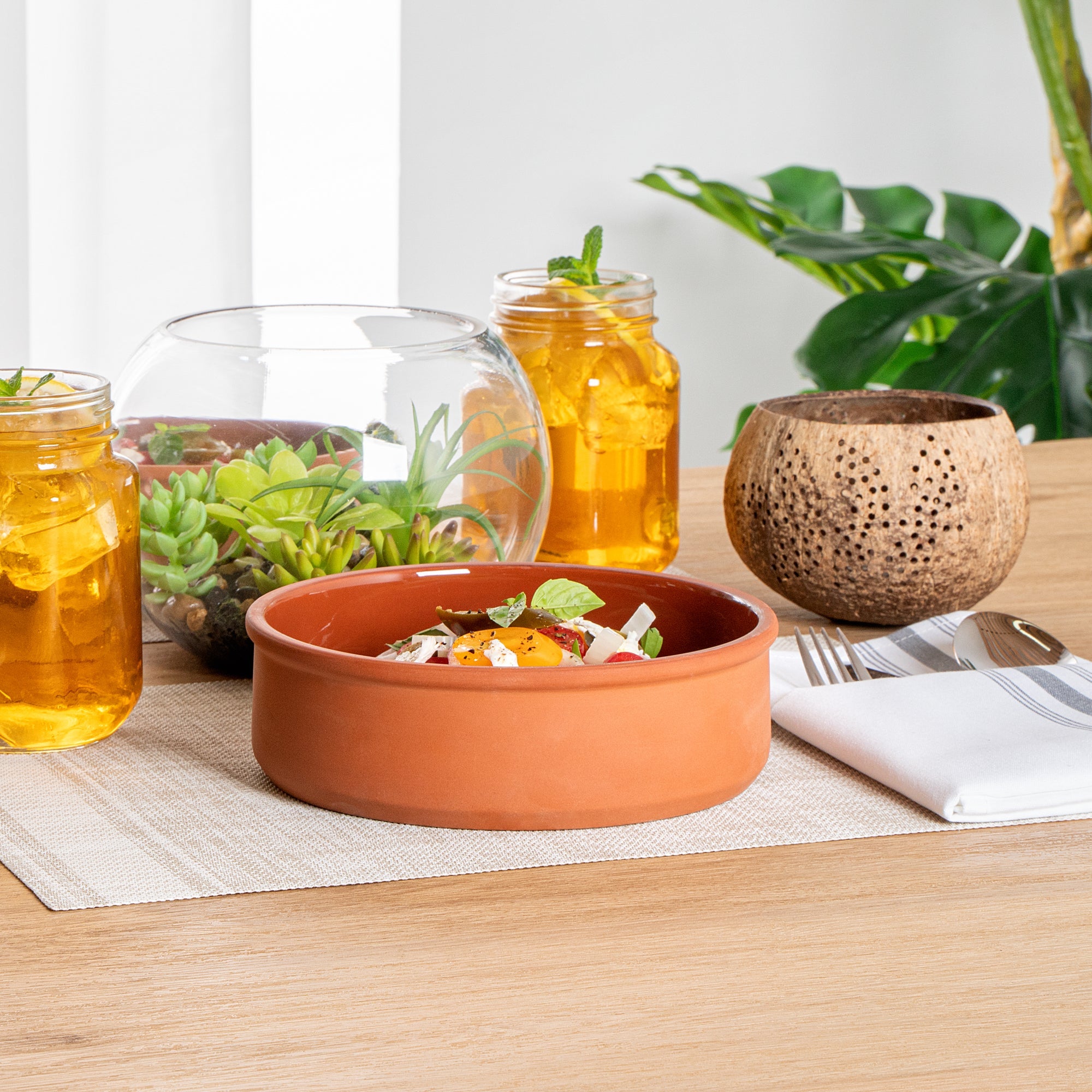 Terra Tek 34 oz Terracotta Cazuela Bowl - Brown Glazed Interior, Oven-Safe, Microwave-Safe - 7 1/2'' x 7 1/2'' x 2 1/4'' - 2 count box
