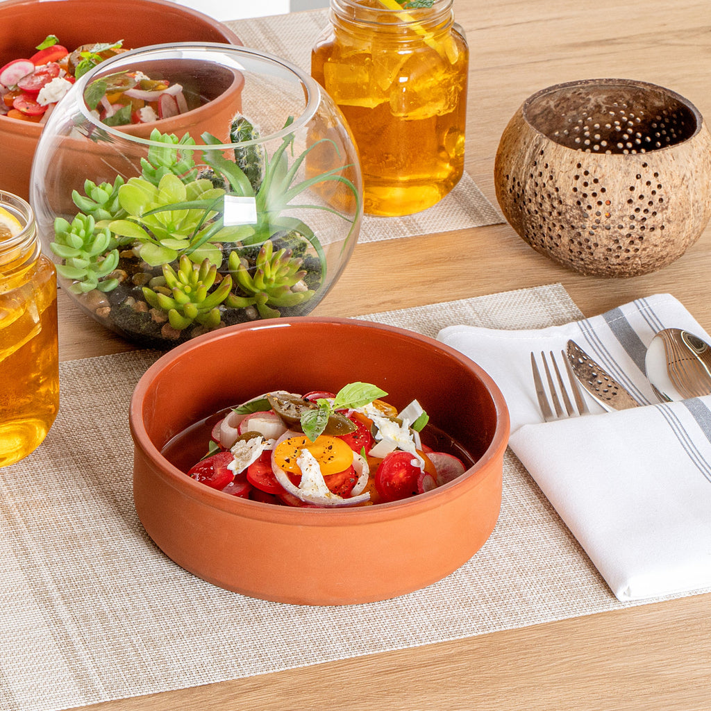Terra Tek 34 oz Terracotta Cazuela Bowl - Brown Glazed Interior, Oven-Safe, Microwave-Safe - 7 1/2'' x 7 1/2'' x 2 1/4'' - 10 count box
