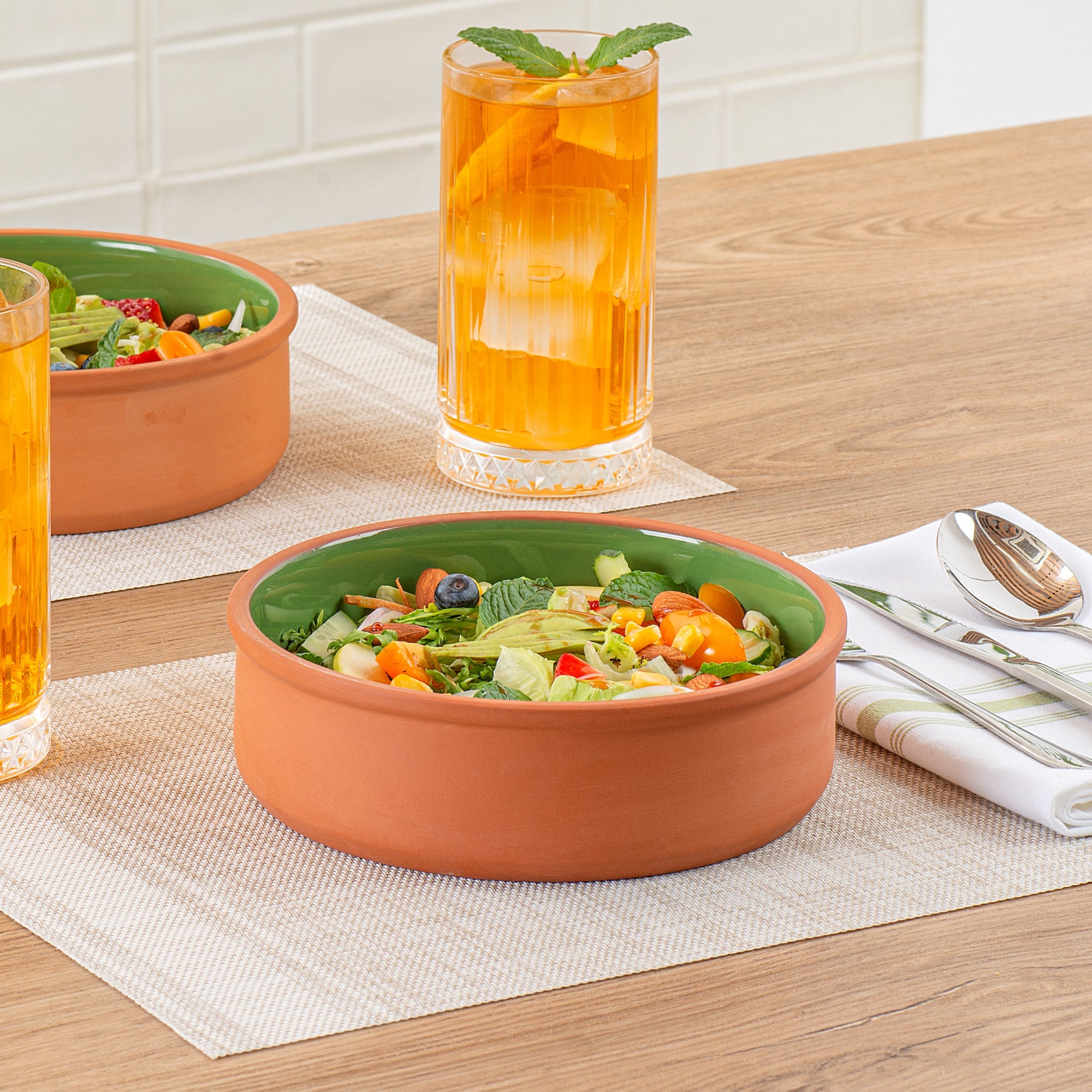 Terra Tek 34 oz Terracotta Cazuela Bowl - Green Glazed Interior, Oven-Safe, Microwave-Safe - 7 1/2'' x 7 1/2'' x 2 1/4'' - 2 count box