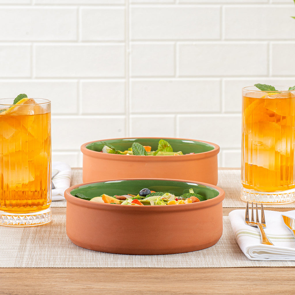 Terra Tek 34 oz Terracotta Cazuela Bowl - Green Glazed Interior, Oven-Safe, Microwave-Safe - 7 1/2'' x 7 1/2'' x 2 1/4'' - 2 count box