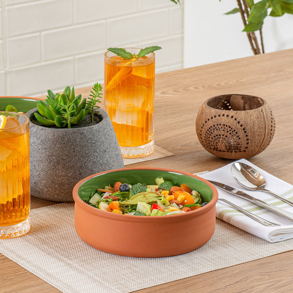Terra Tek 34 oz Terracotta Cazuela Bowl - Green Glazed Interior, Oven-Safe, Microwave-Safe - 7 1/2'' x 7 1/2'' x 2 1/4'' - 2 count box