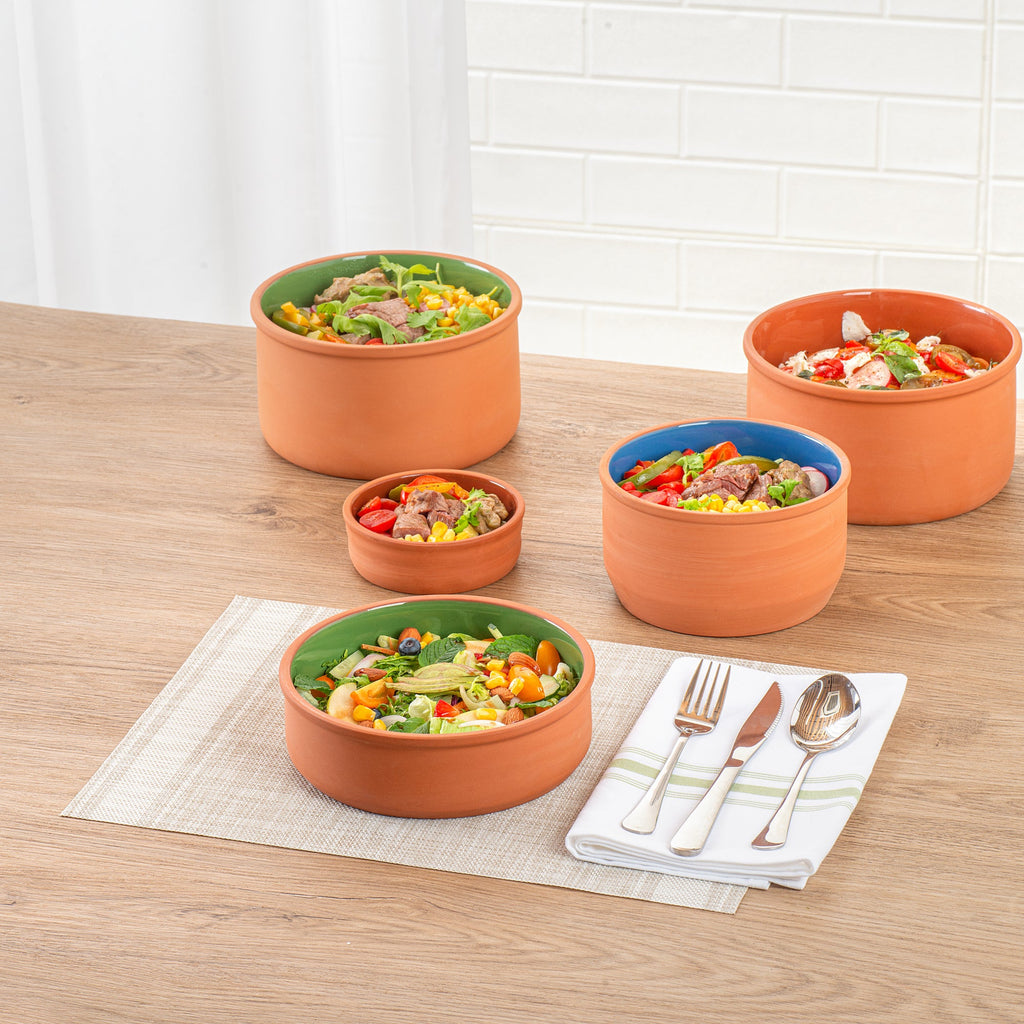Terra Tek 34 oz Terracotta Cazuela Bowl - Green Glazed Interior, Oven-Safe, Microwave-Safe - 7 1/2'' x 7 1/2'' x 2 1/4'' - 2 count box