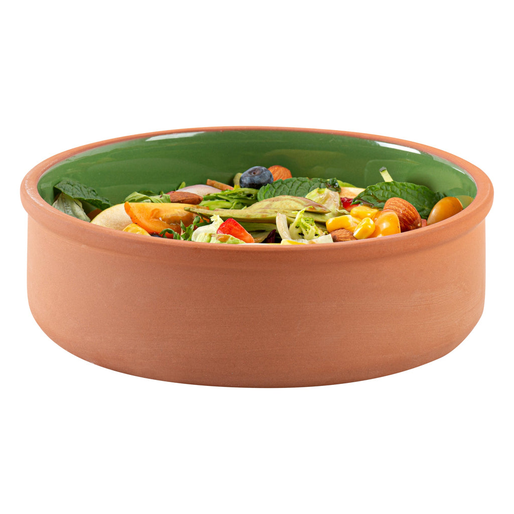 Terra Tek 34 oz Terracotta Cazuela Bowl - Green Glazed Interior, Oven-Safe, Microwave-Safe - 7 1/2'' x 7 1/2'' x 2 1/4'' - 10 count box