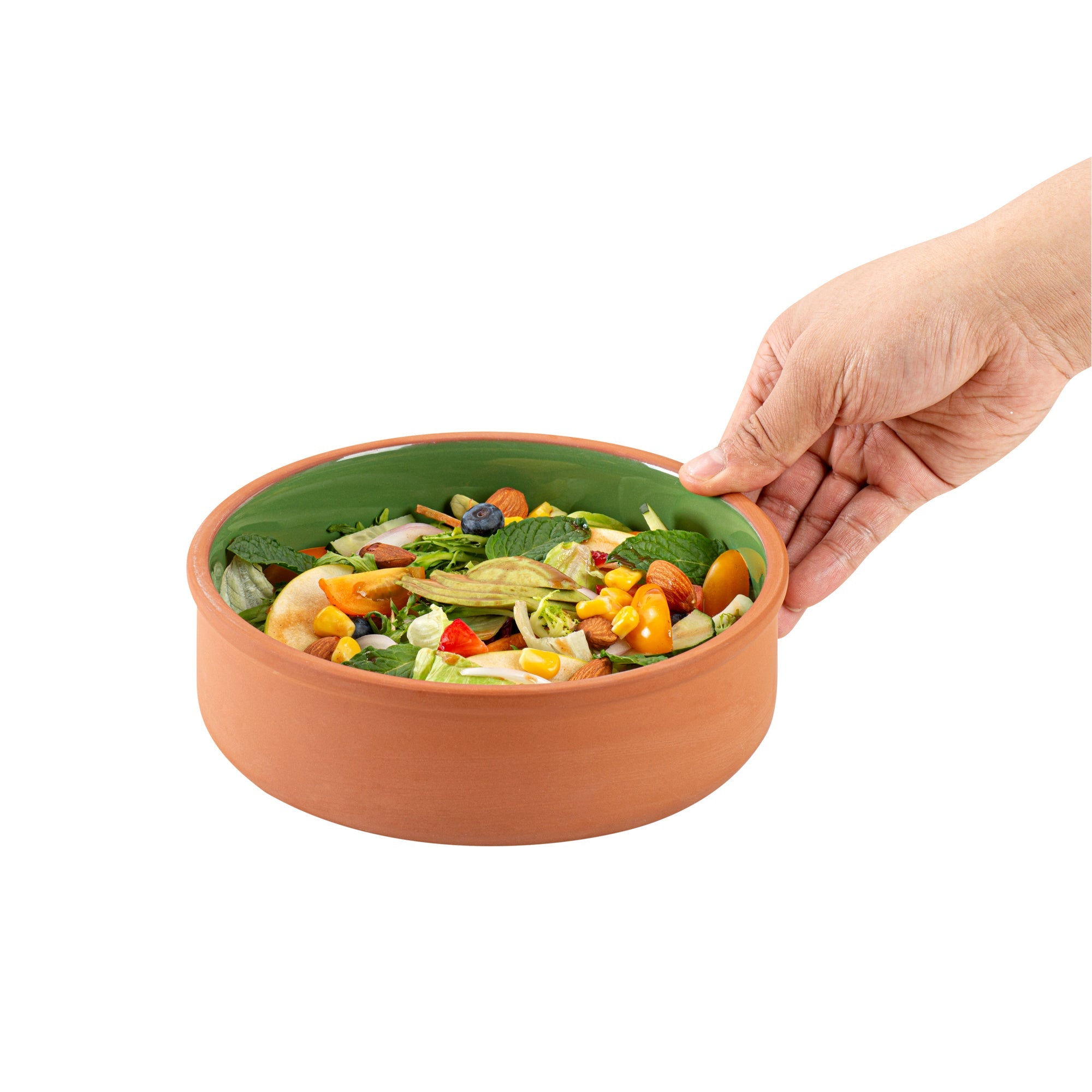 Terra Tek 34 oz Terracotta Cazuela Bowl - Green Glazed Interior, Oven-Safe, Microwave-Safe - 7 1/2'' x 7 1/2'' x 2 1/4'' - 10 count box