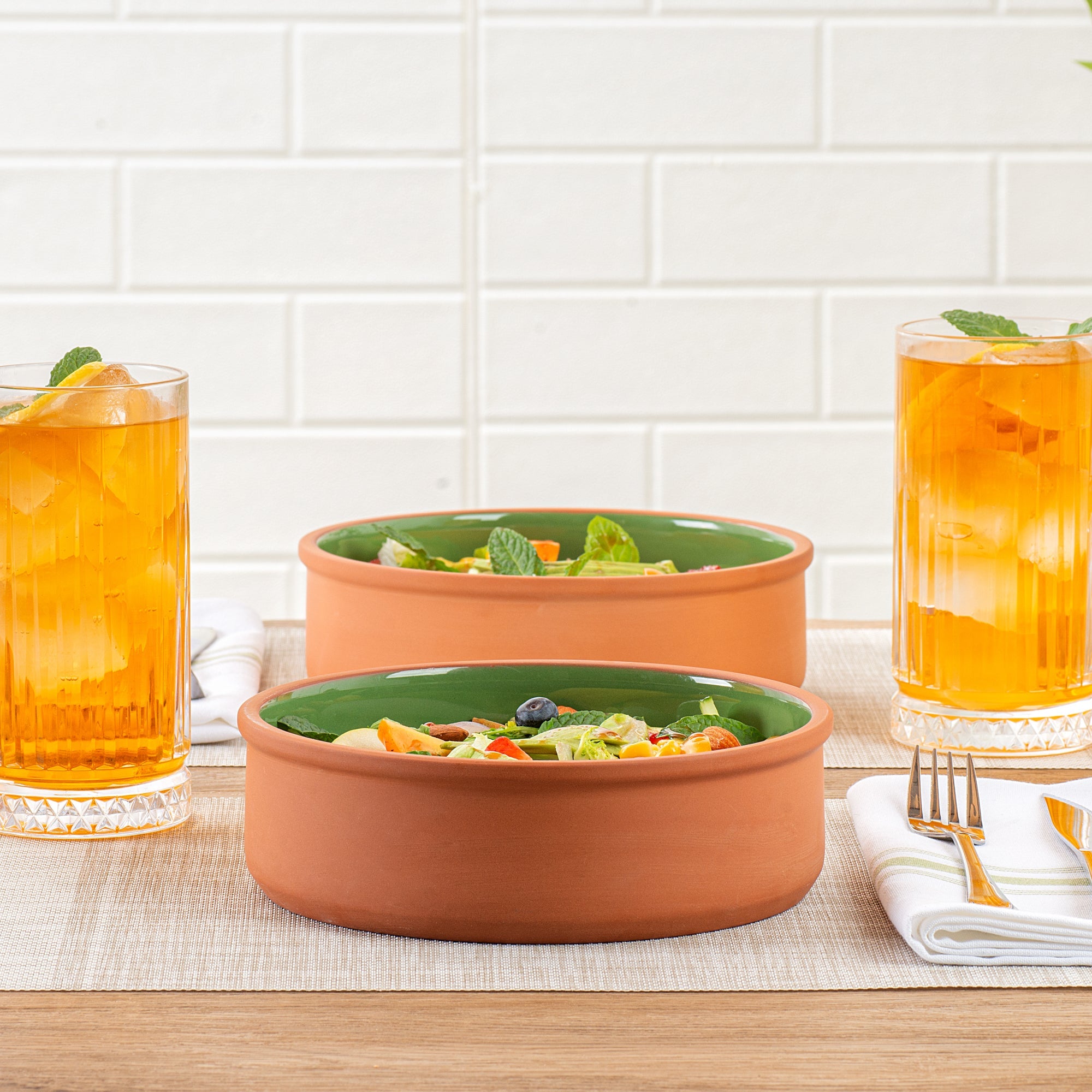 Terra Tek 34 oz Terracotta Cazuela Bowl - Green Glazed Interior, Oven-Safe, Microwave-Safe - 7 1/2'' x 7 1/2'' x 2 1/4'' - 10 count box