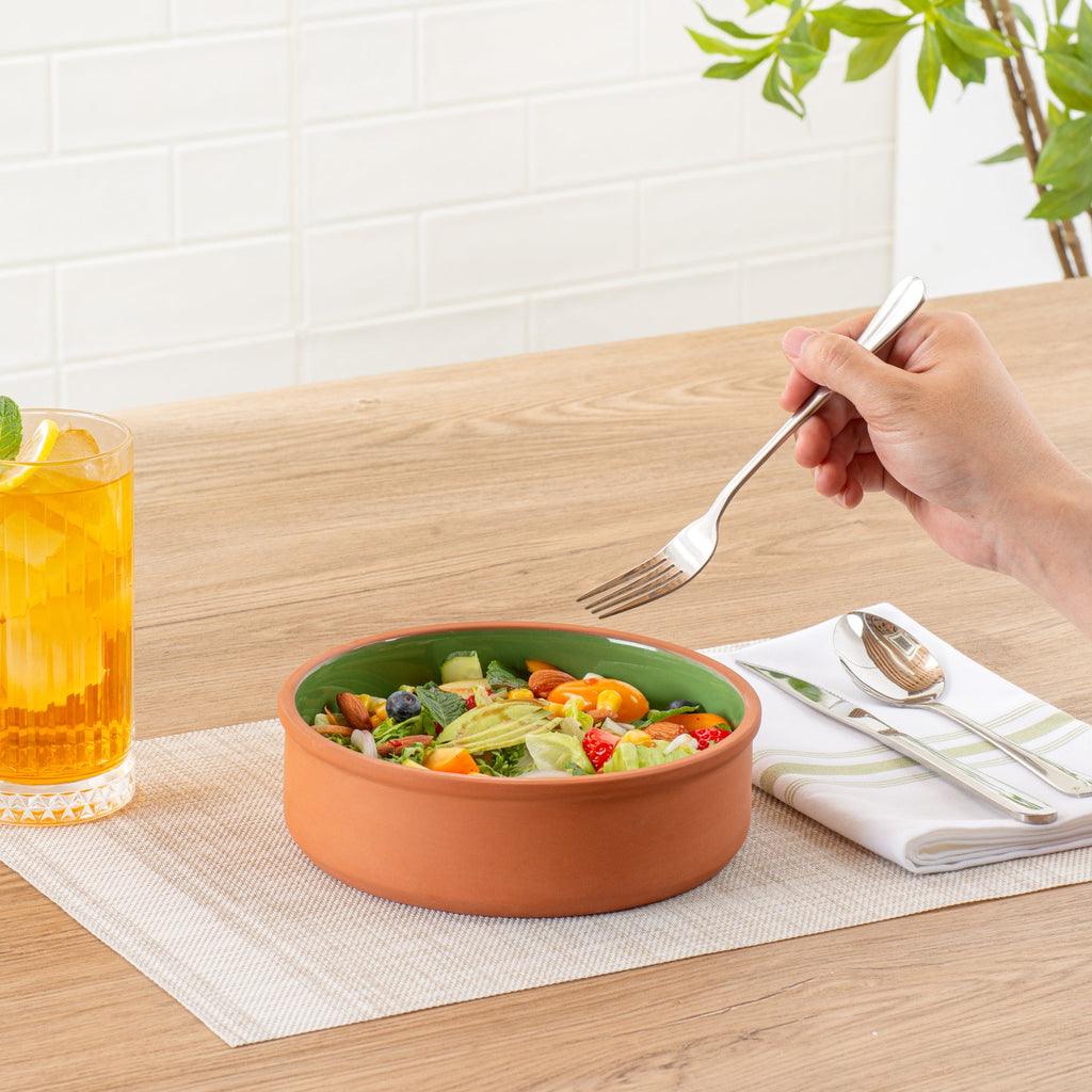 Terra Tek 34 oz Terracotta Cazuela Bowl - Green Glazed Interior, Oven-Safe, Microwave-Safe - 7 1/2'' x 7 1/2'' x 2 1/4'' - 10 count box