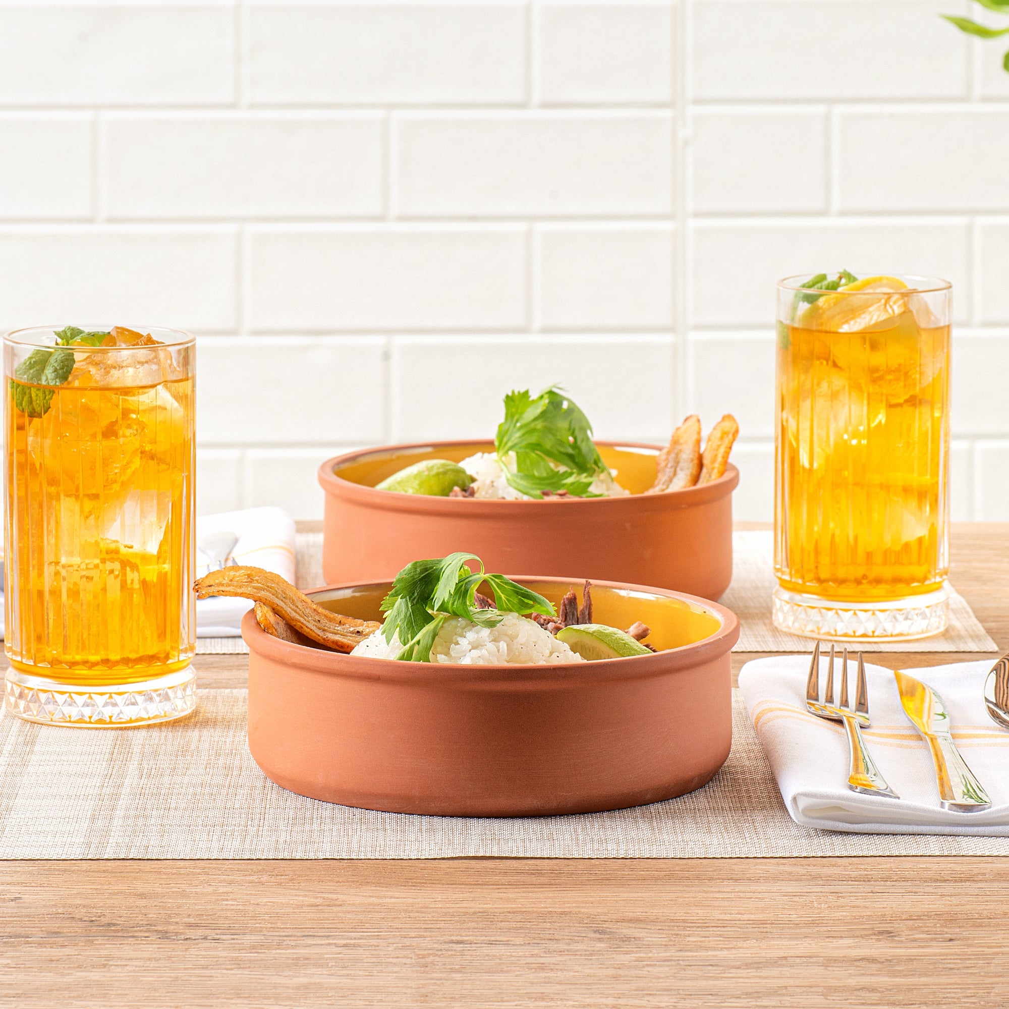 Terra Tek 34 oz Terracotta Cazuela Bowl - Yellow Glazed Interior, Oven-Safe, Microwave-Safe - 7 1/2'' x 7 1/2'' x 2 1/4'' - 2 count box