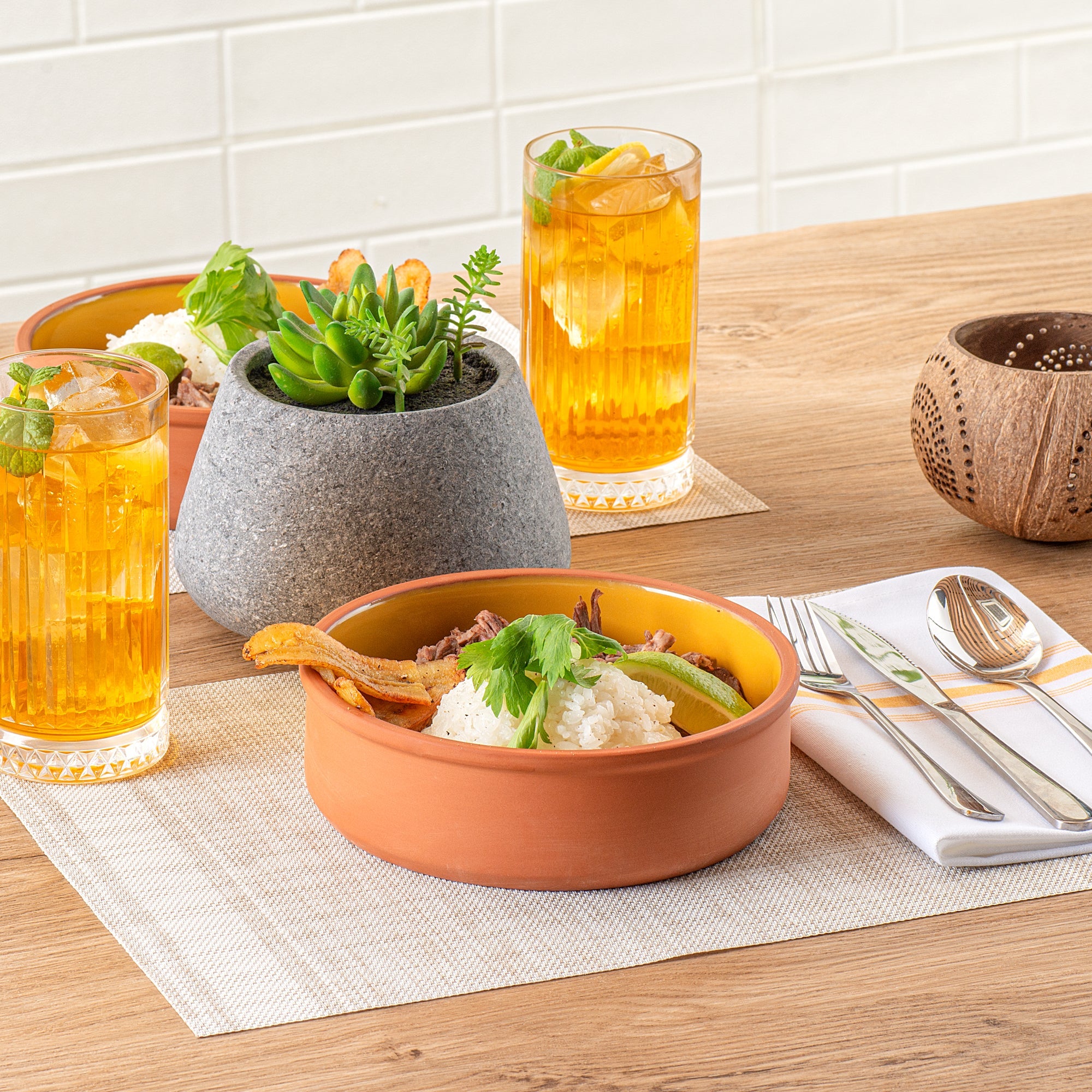 Terra Tek 34 oz Terracotta Cazuela Bowl - Yellow Glazed Interior, Oven-Safe, Microwave-Safe - 7 1/2'' x 7 1/2'' x 2 1/4'' - 2 count box