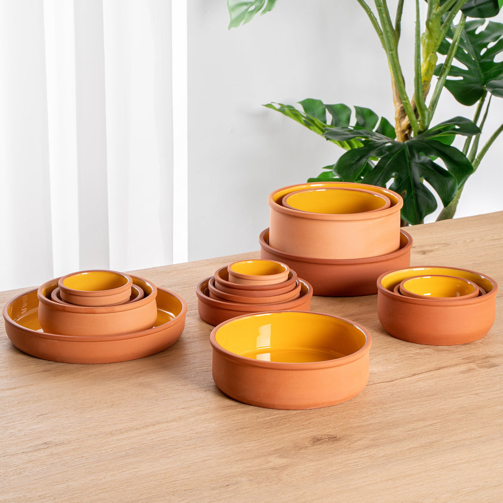 Terra Tek 34 oz Terracotta Cazuela Bowl - Yellow Glazed Interior, Oven-Safe, Microwave-Safe - 7 1/2'' x 7 1/2'' x 2 1/4'' - 2 count box