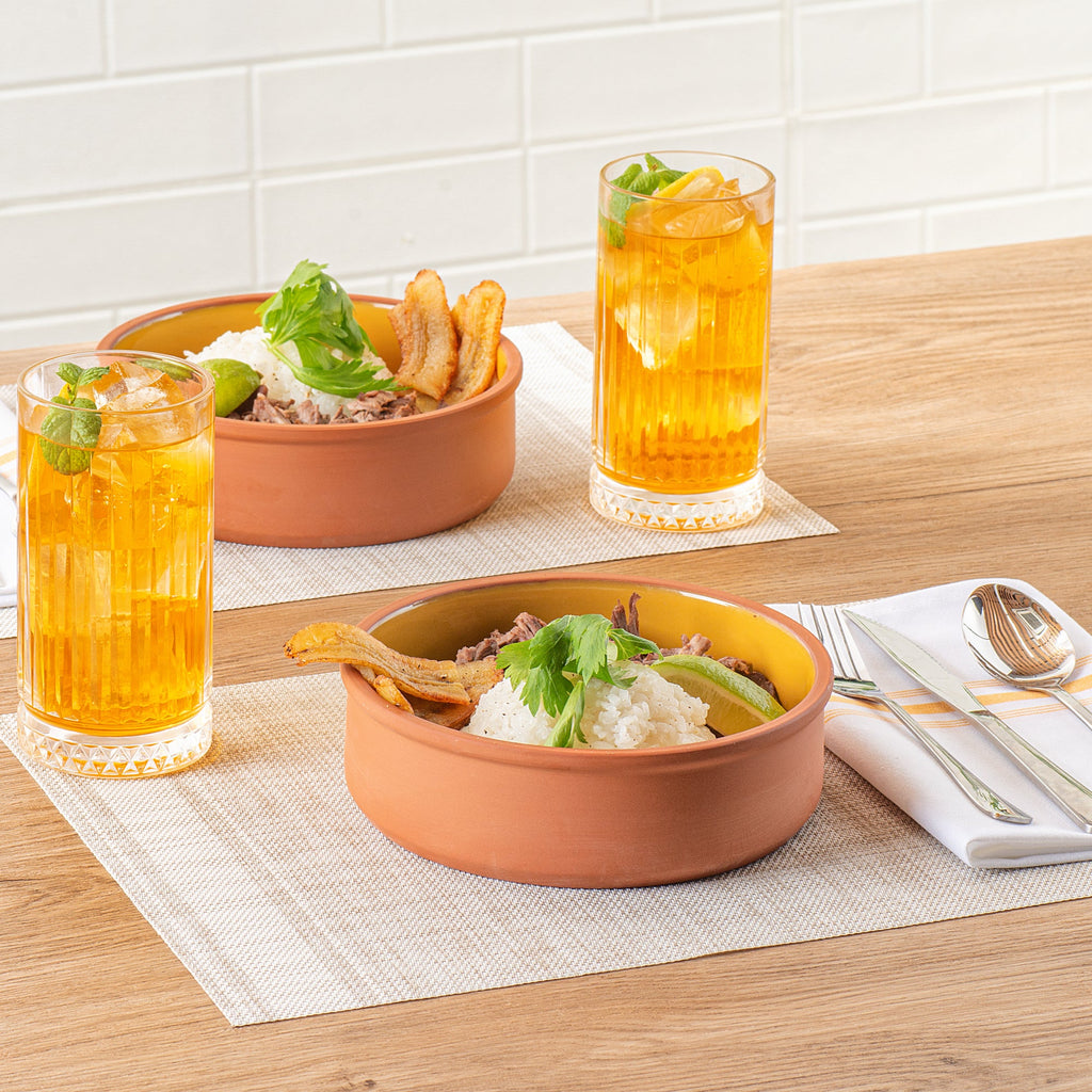 Terra Tek 34 oz Terracotta Cazuela Bowl - Yellow Glazed Interior, Oven-Safe, Microwave-Safe - 7 1/2'' x 7 1/2'' x 2 1/4'' - 10 count box