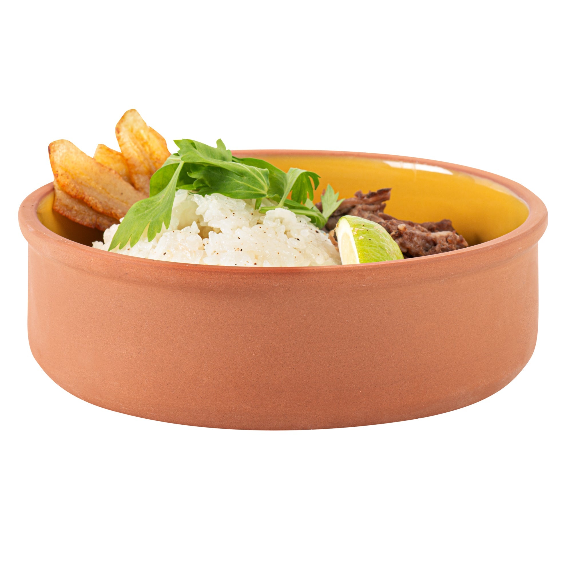 Terra Tek 34 oz Terracotta Cazuela Bowl - Yellow Glazed Interior, Oven-Safe, Microwave-Safe - 7 1/2'' x 7 1/2'' x 2 1/4'' - 10 count box