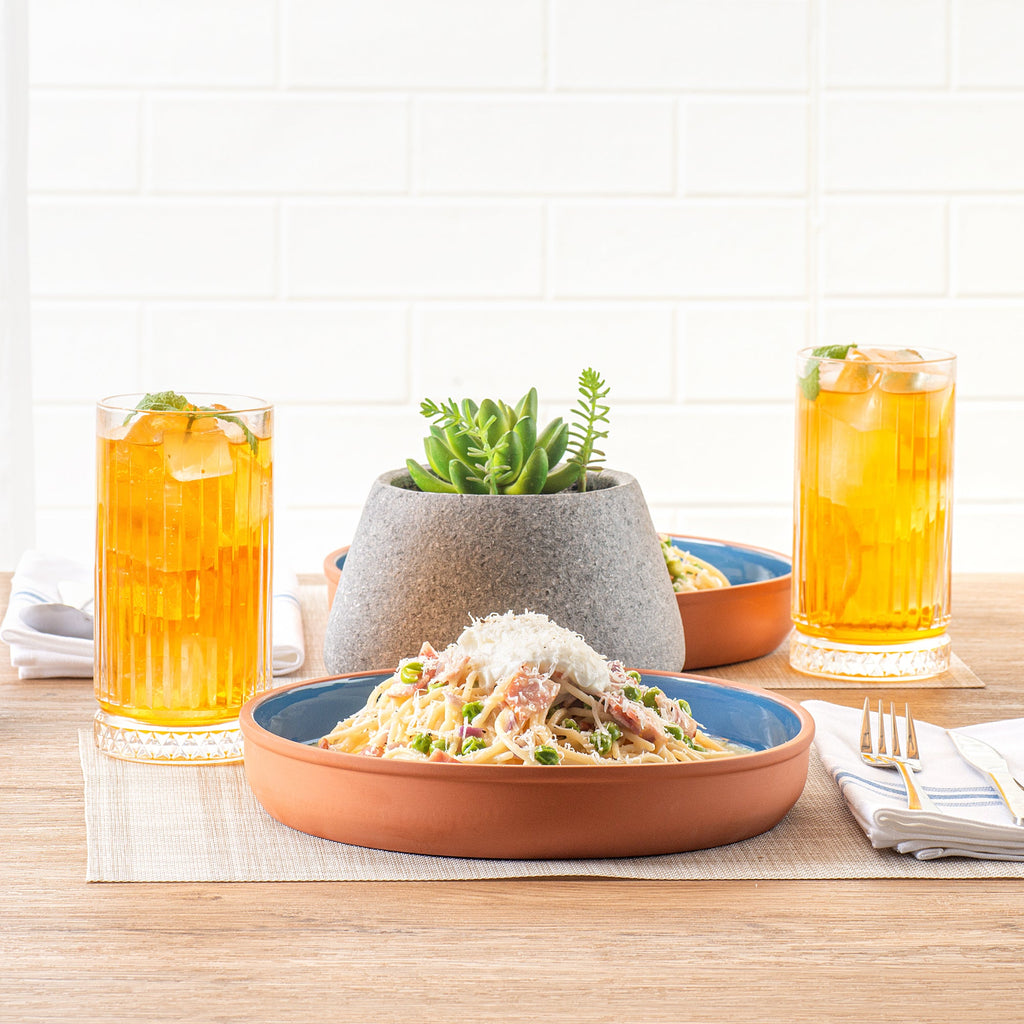 Terra Tek 34 oz Terracotta Cazuela Bowl - Blue Glazed Interior, Oven-Safe, Microwave-Safe - 9 1/4'' x 9 1/4'' x 1 1/2'' - 10 count box