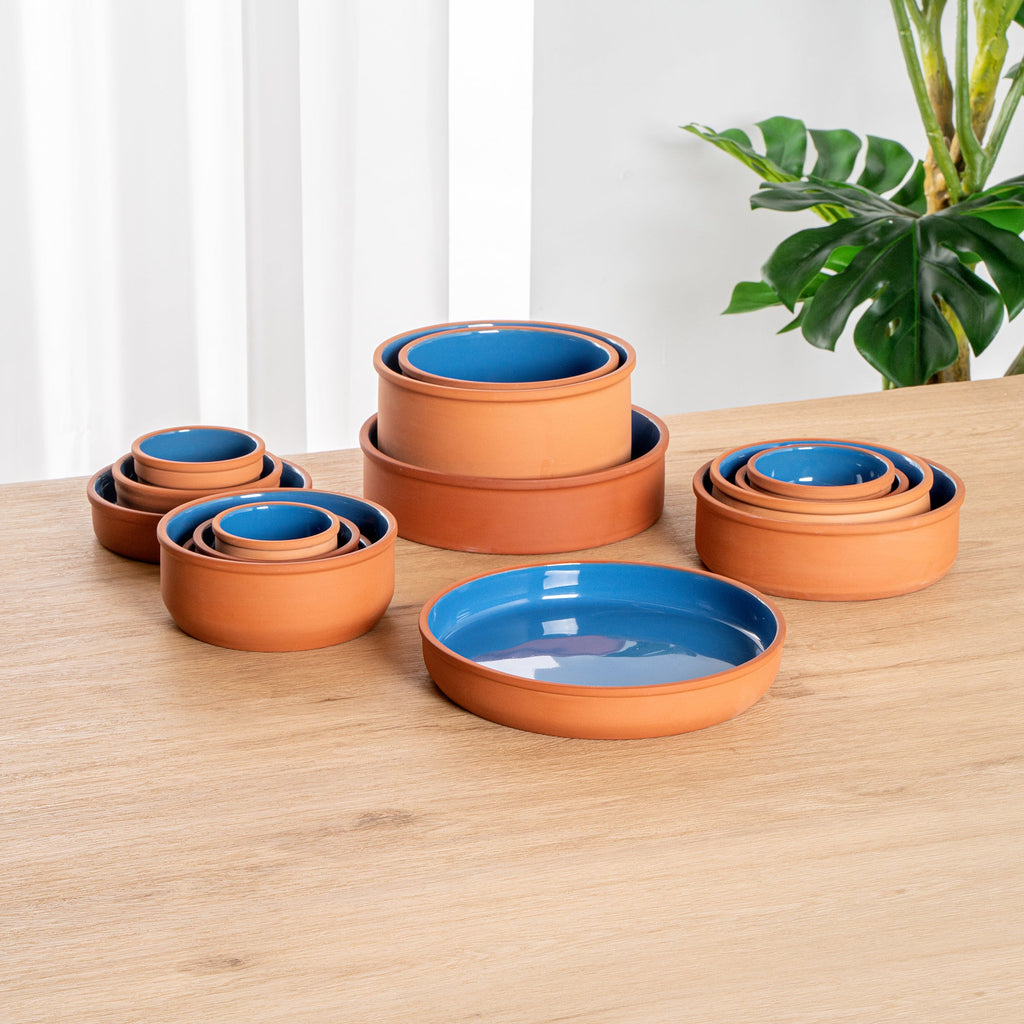 Terra Tek 34 oz Terracotta Cazuela Bowl - Blue Glazed Interior, Oven-Safe, Microwave-Safe - 9 1/4'' x 9 1/4'' x 1 1/2'' - 10 count box