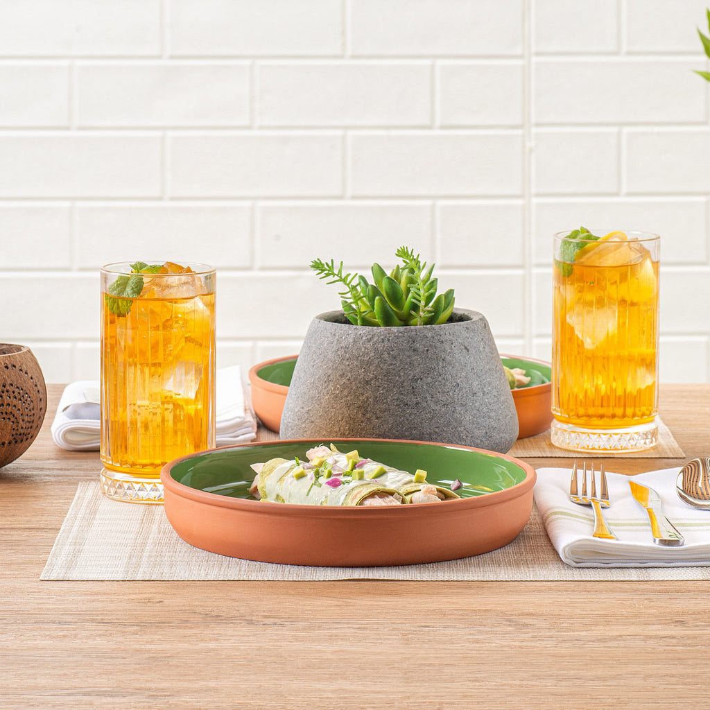 Terra Tek 34 oz Terracotta Cazuela Bowl - Green Glazed Interior, Oven-Safe, Microwave-Safe - 9 1/4'' x 9 1/4'' x 1 1/2'' - 2 count box