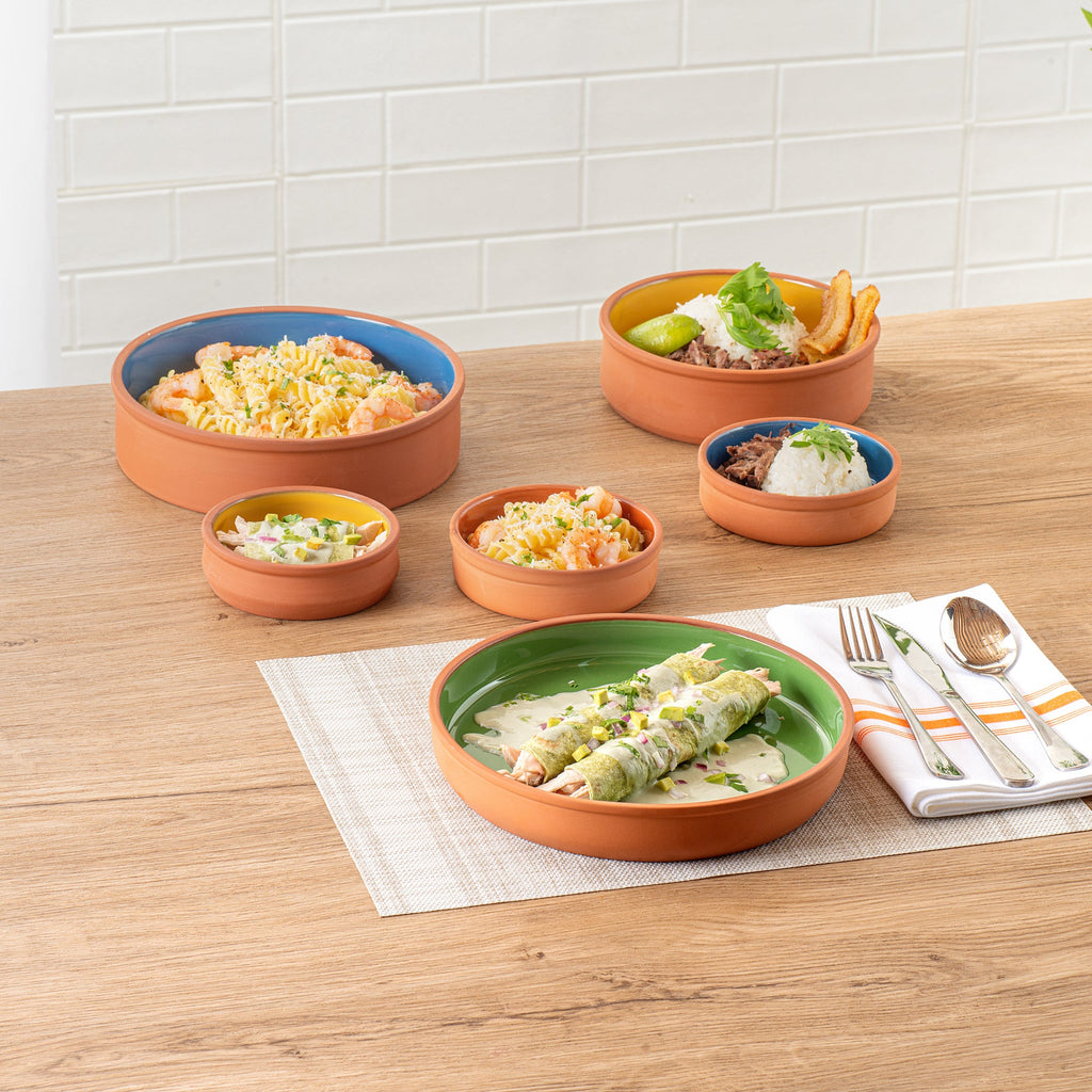 Terra Tek 34 oz Terracotta Cazuela Bowl - Green Glazed Interior, Oven-Safe, Microwave-Safe - 9 1/4'' x 9 1/4'' x 1 1/2'' - 2 count box