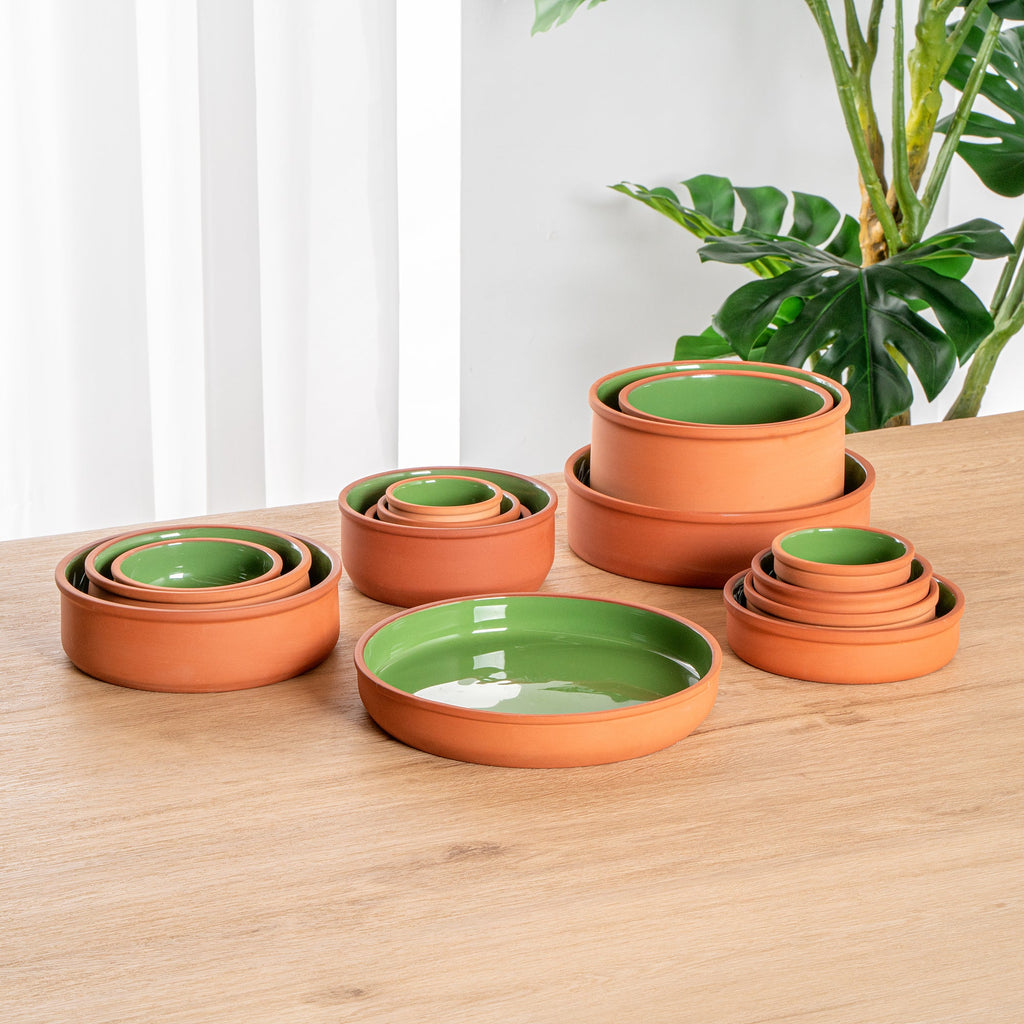 Terra Tek 34 oz Terracotta Cazuela Bowl - Green Glazed Interior, Oven-Safe, Microwave-Safe - 9 1/4'' x 9 1/4'' x 1 1/2'' - 2 count box