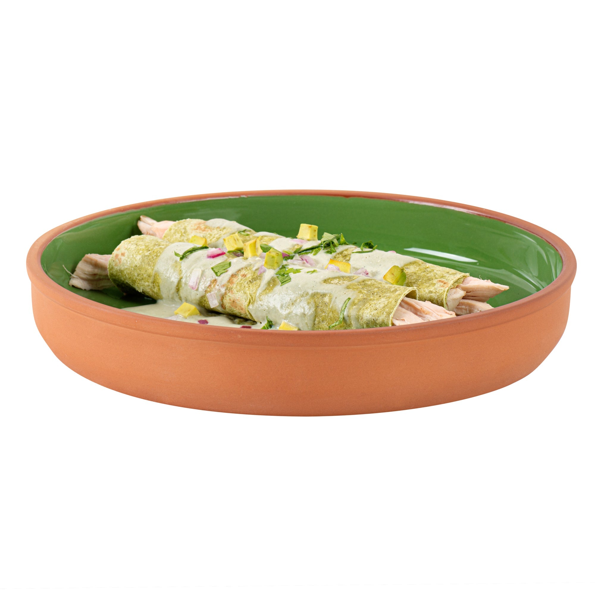 Terra Tek 34 oz Terracotta Cazuela Bowl - Green Glazed Interior, Oven-Safe, Microwave-Safe - 9 1/4'' x 9 1/4'' x 1 1/2'' - 10 count box