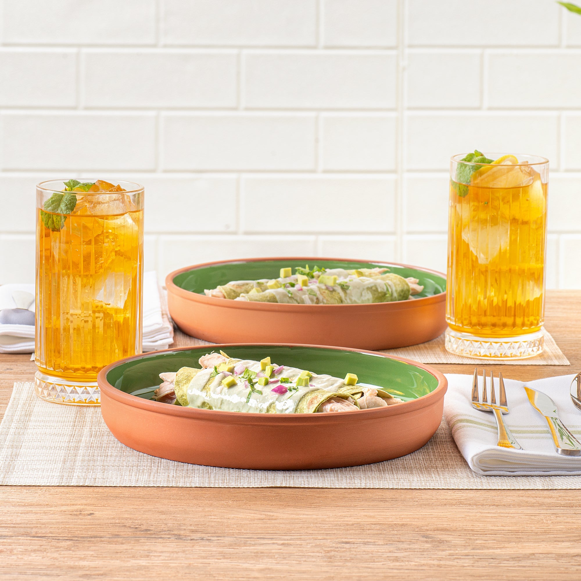 Terra Tek 34 oz Terracotta Cazuela Bowl - Green Glazed Interior, Oven-Safe, Microwave-Safe - 9 1/4'' x 9 1/4'' x 1 1/2'' - 10 count box