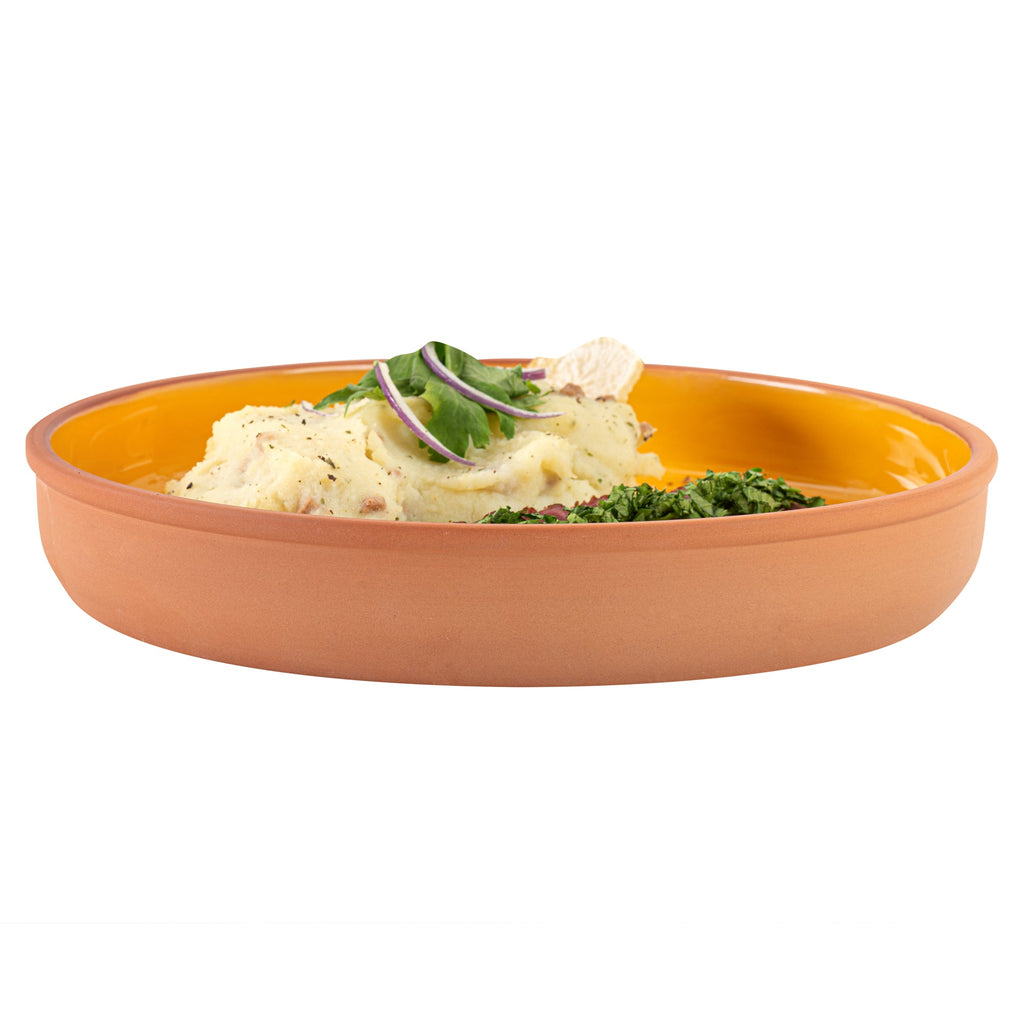 Terra Tek 34 oz Terracotta Cazuela Bowl - Yellow Glazed Interior, Oven-Safe, Microwave-Safe - 9 1/4'' x 9 1/4'' x 1 1/2'' - 2 count box