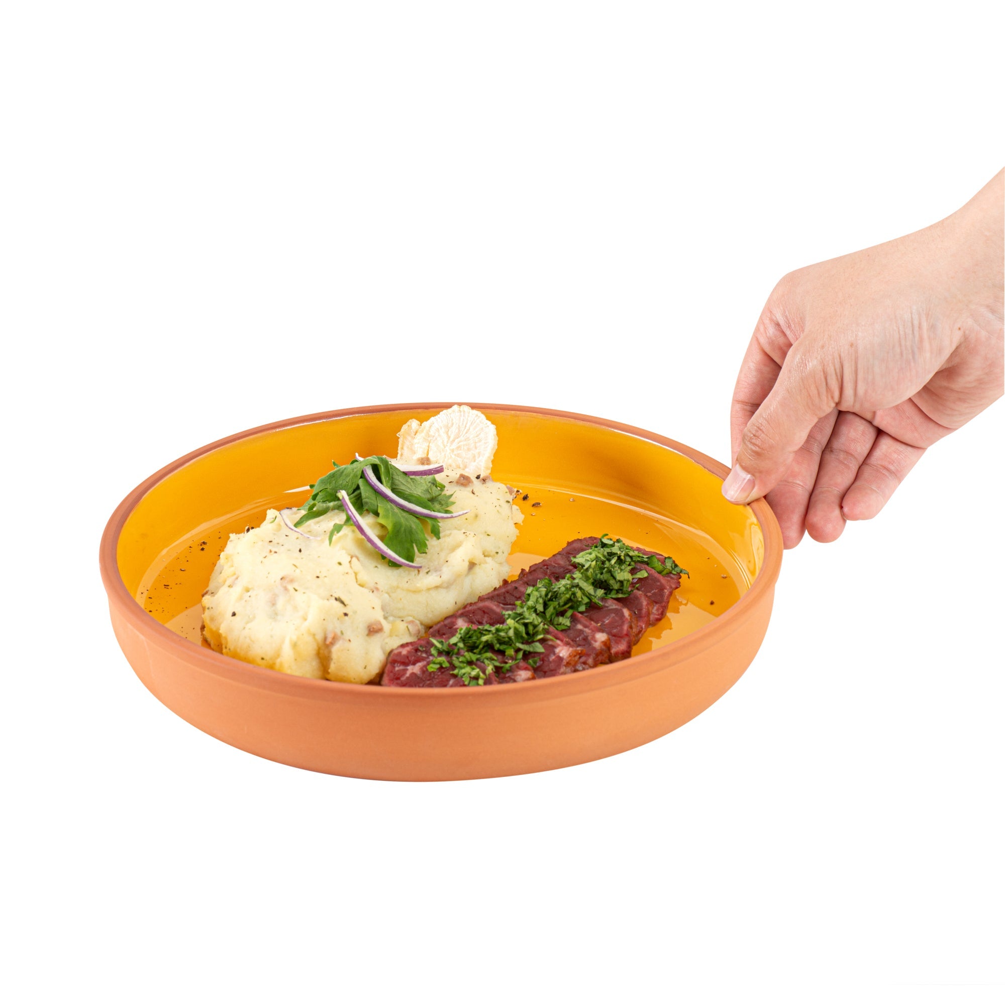 Terra Tek 34 oz Terracotta Cazuela Bowl - Yellow Glazed Interior, Oven-Safe, Microwave-Safe - 9 1/4'' x 9 1/4'' x 1 1/2'' - 2 count box